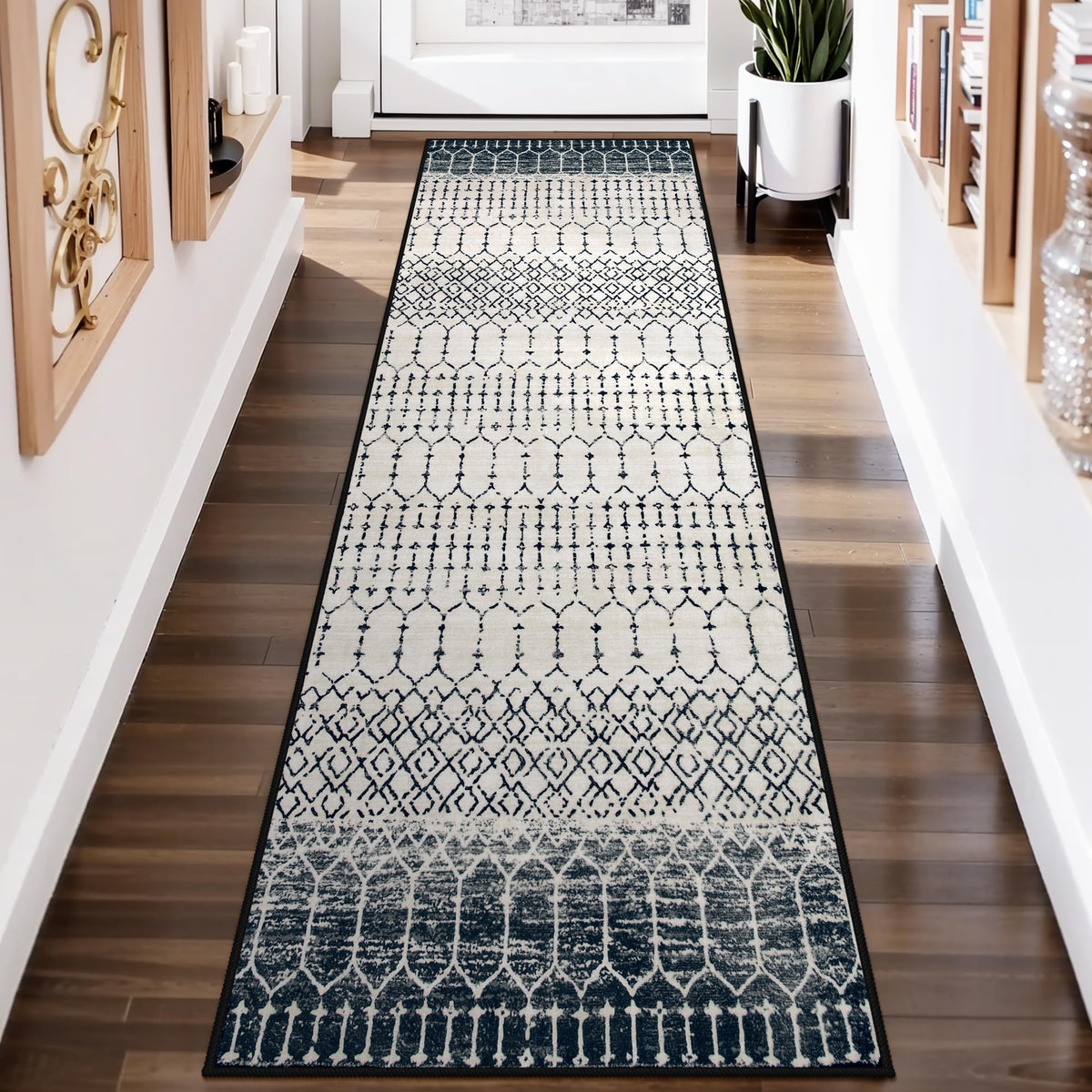 Lahome Moroccan Indoor Rugs for Entryway 2x3 Area Rug Non-Slip Backing Washable Inside Door Mats Low-Profile Throw Soft Rugs for Bathroom, Geometric Print Distressed Blue Rug for Kitchen Bedside Hana