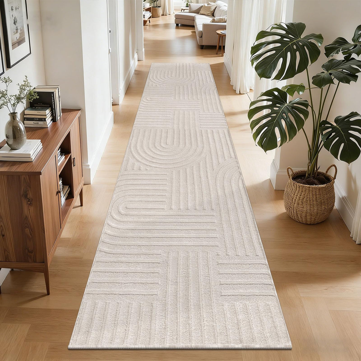 SHACOS Soft Fluffy Arch Pattern Area Rug 2'7"x5' Non Slip Washable Minimalist Modern High-Low Geometric Carpet for Living Room Kitchen Bedroom Bathroom, Beige