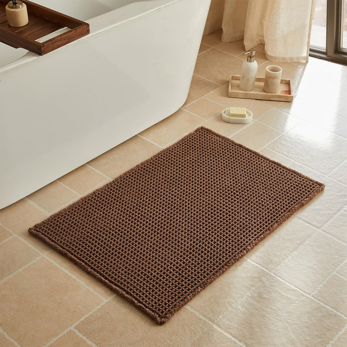 Triohero Waffle Bath Mat, Small Boho Bathroom Rugs Non Slip, 16x24 Khaki