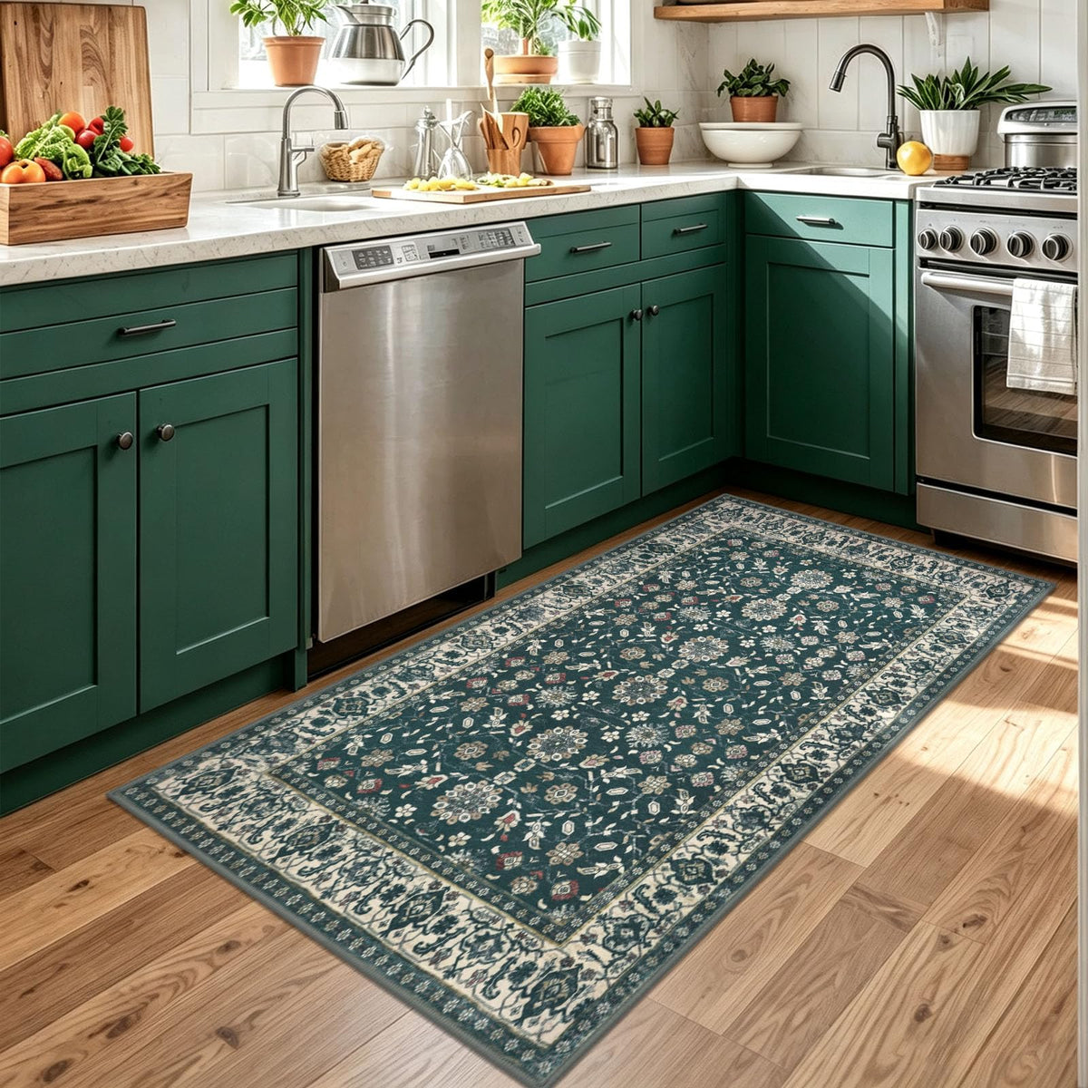KUTA Vintage Floral Washable 2x3 Rugs for Entryway Blue Grey Beige