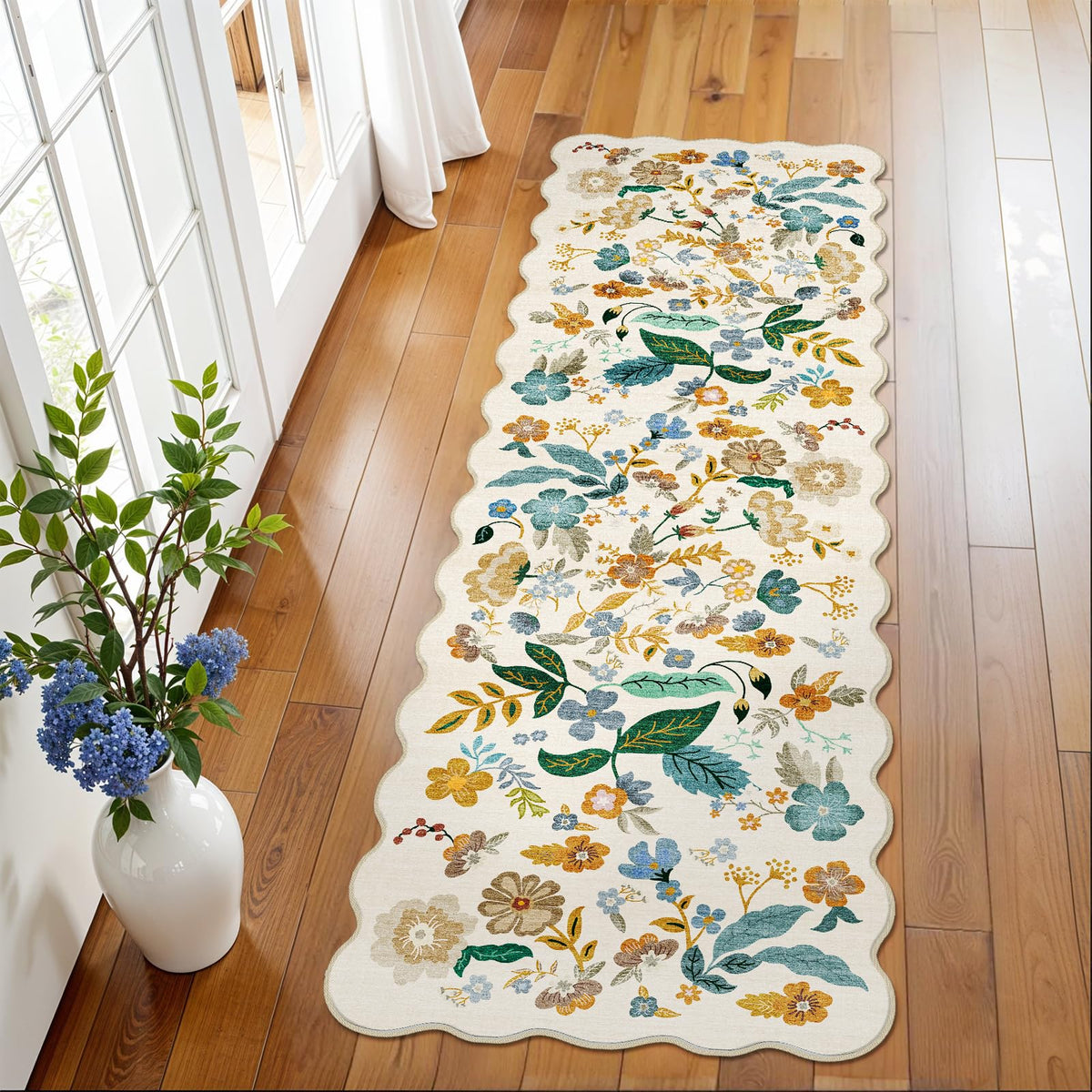 2x4 Rug Washable for Entryway - Non-Slip Scalloped Floral Throw Rug Black