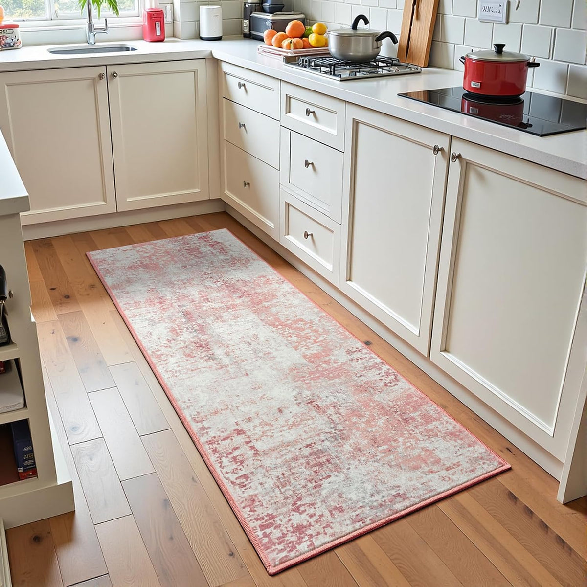 Pink Washable Runner Rug for Bedroom, Abstract Non-Slip Soft Entryway Rugs, Modern Low Pile Stain Resistant 2x6 Carpet for Entryway, Kitchen, Hallway, Bedside