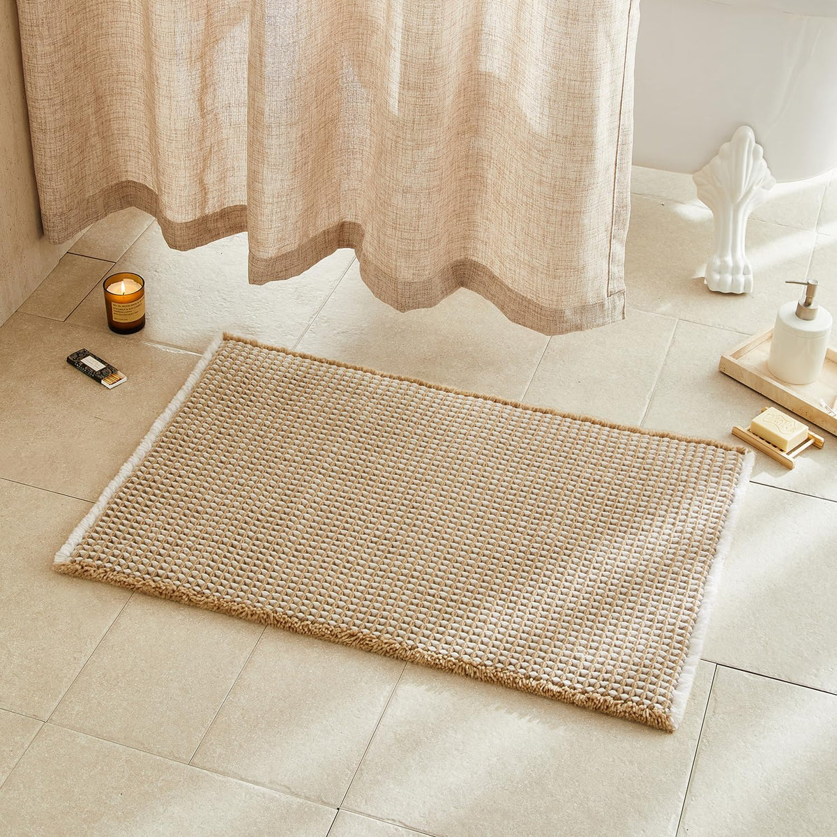 TYUU Waffle Bath Mat, Boho Bathroom Rugs Non Slip Washable, 30x20 Khaki
