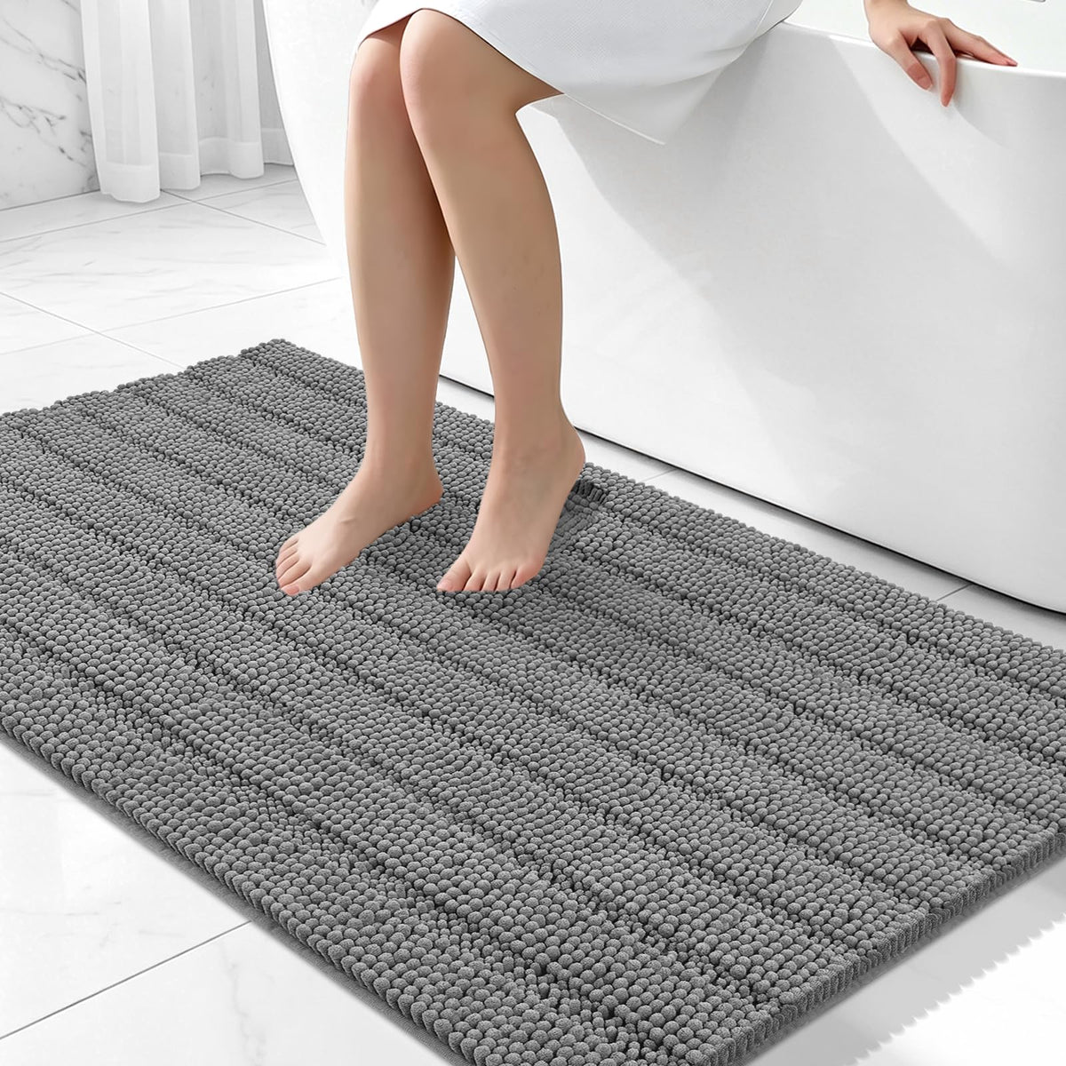 Bcoimo Small Bath Rug Mat,24x17 Chenille Non Slip Gray Bathroom Shower Mat