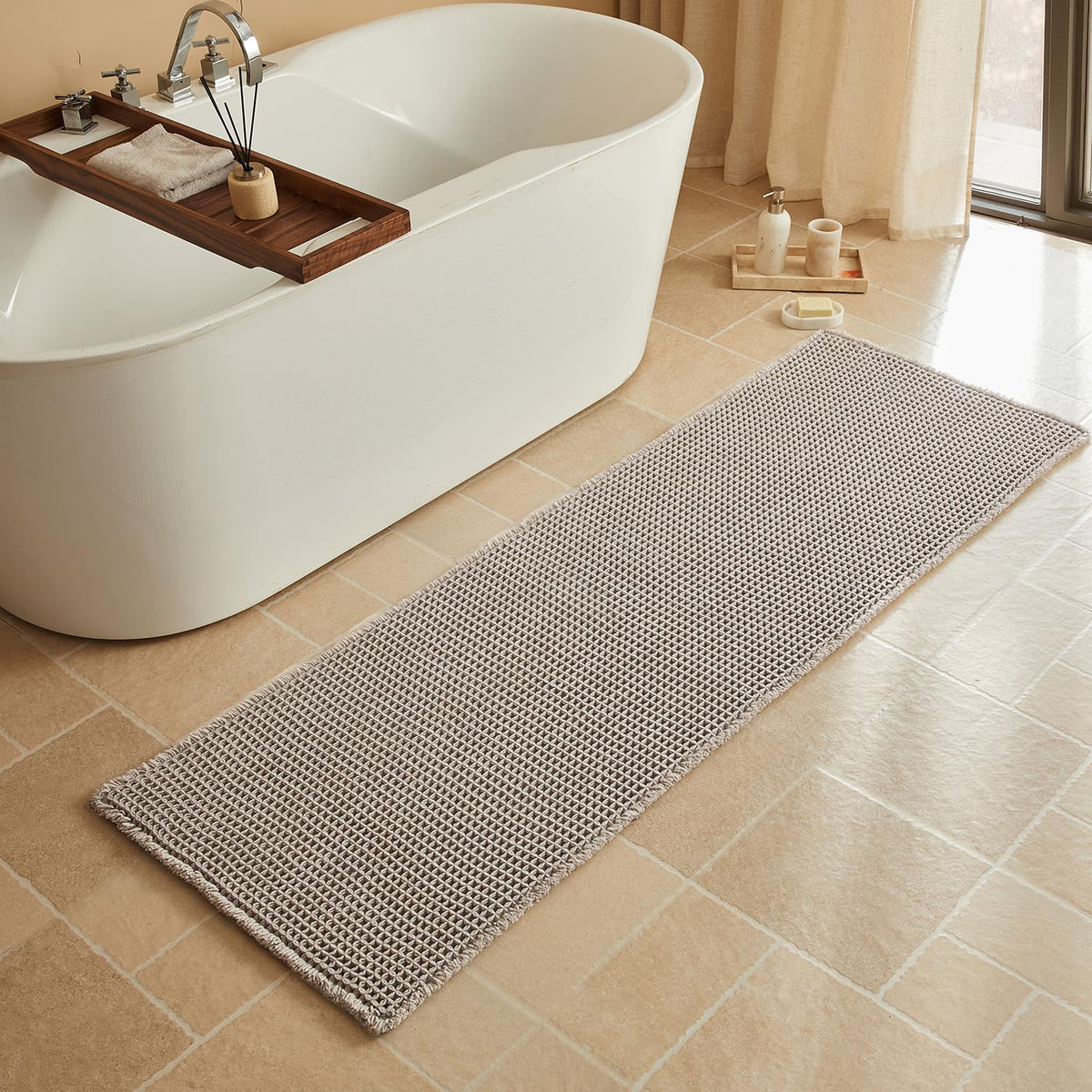 Triohero Waffle Bath Mat, Small Boho Bathroom Rugs Non Slip, 16x24 Khaki