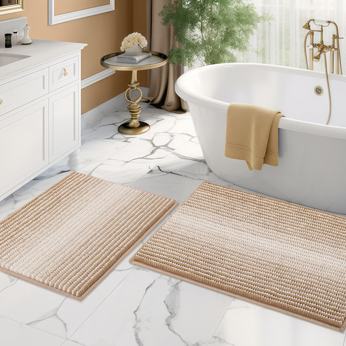 BSICPRO Bathroom Rugs Sets 2 Piece, Non Slip Striped Bath Mats, Sage