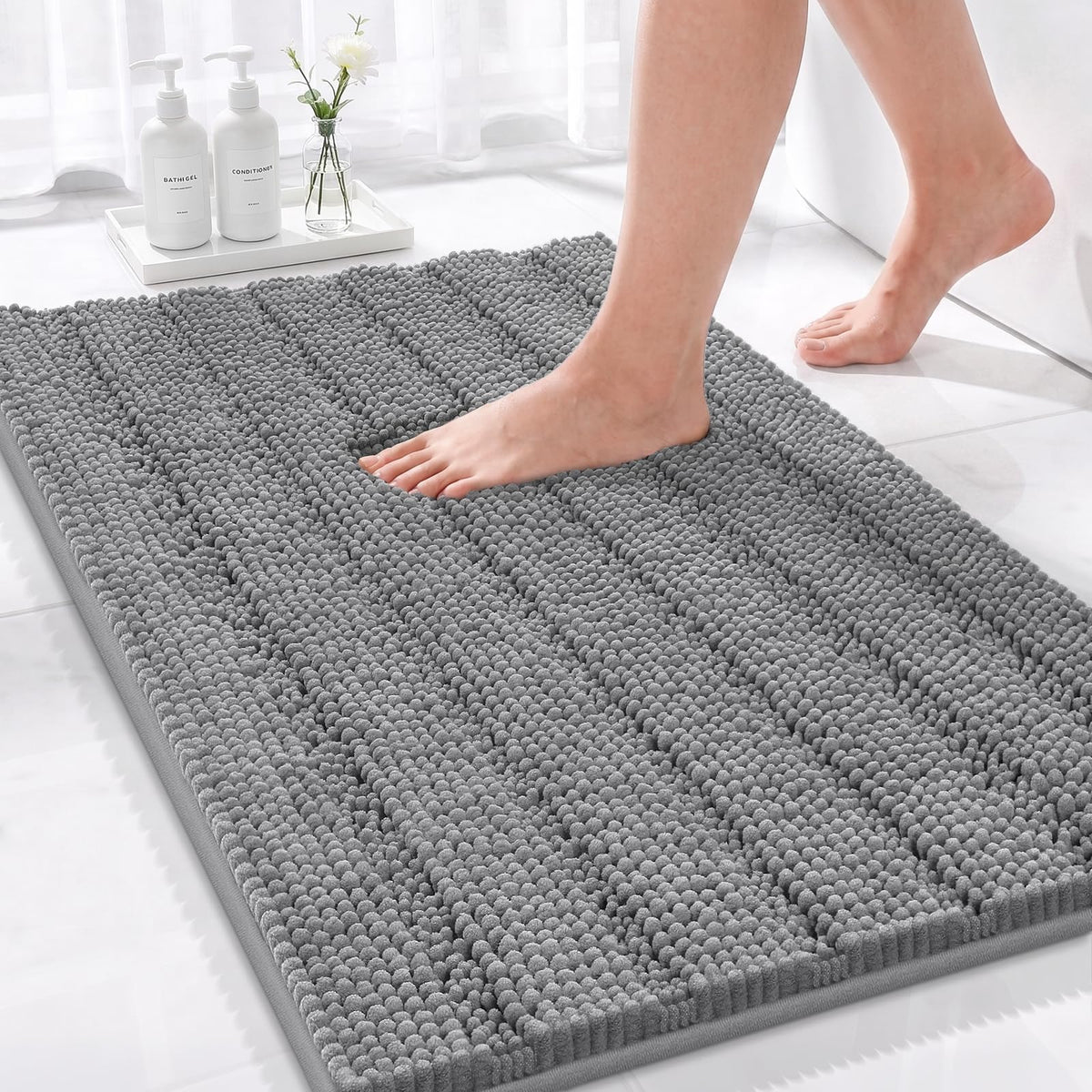 Bcoimo Small Bath Rug Mat,24x17 Chenille Non Slip Gray Bathroom Shower Mat