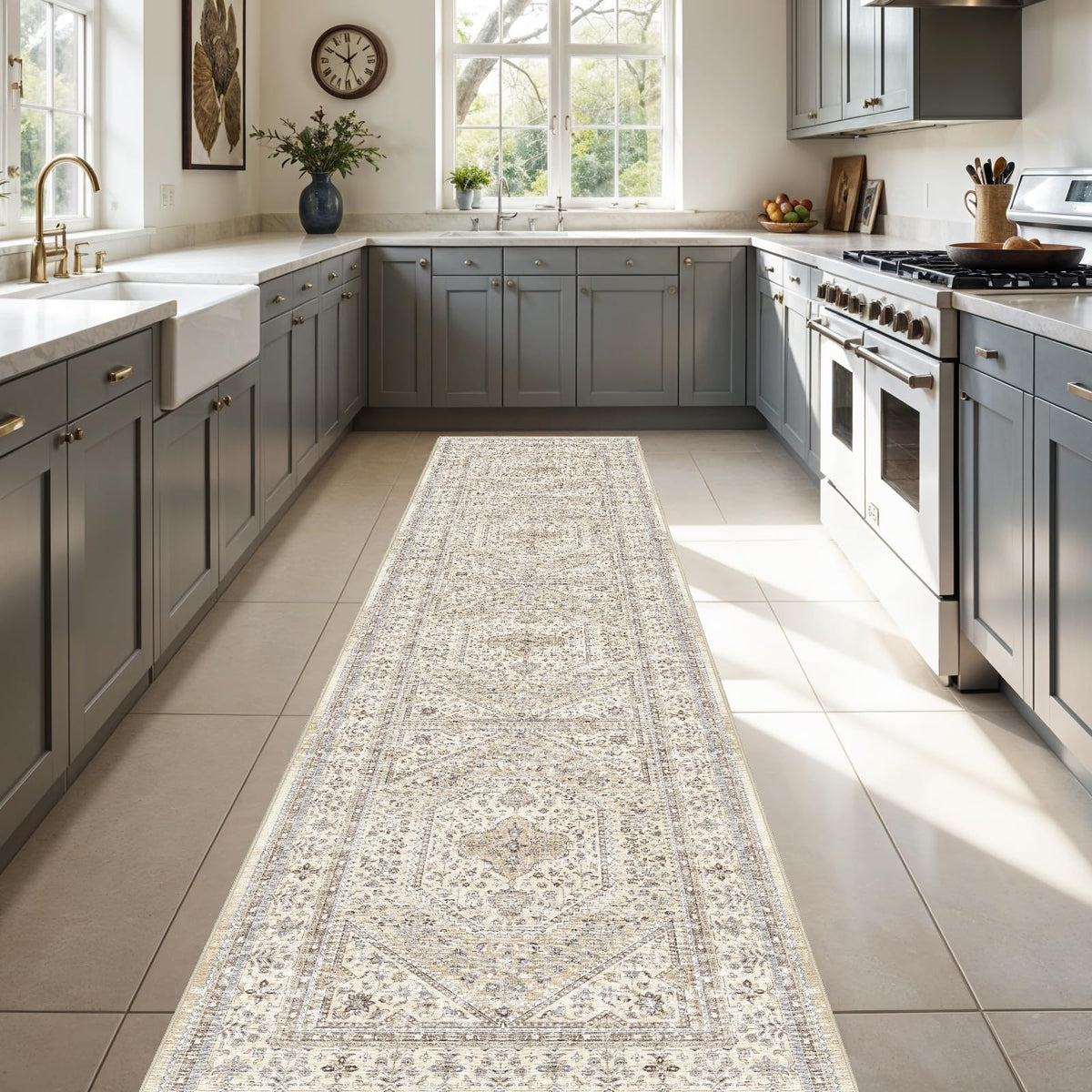2x3 Washable Entryway Area Rug - Non-Slip Boho Throw Rugs Beige Gray