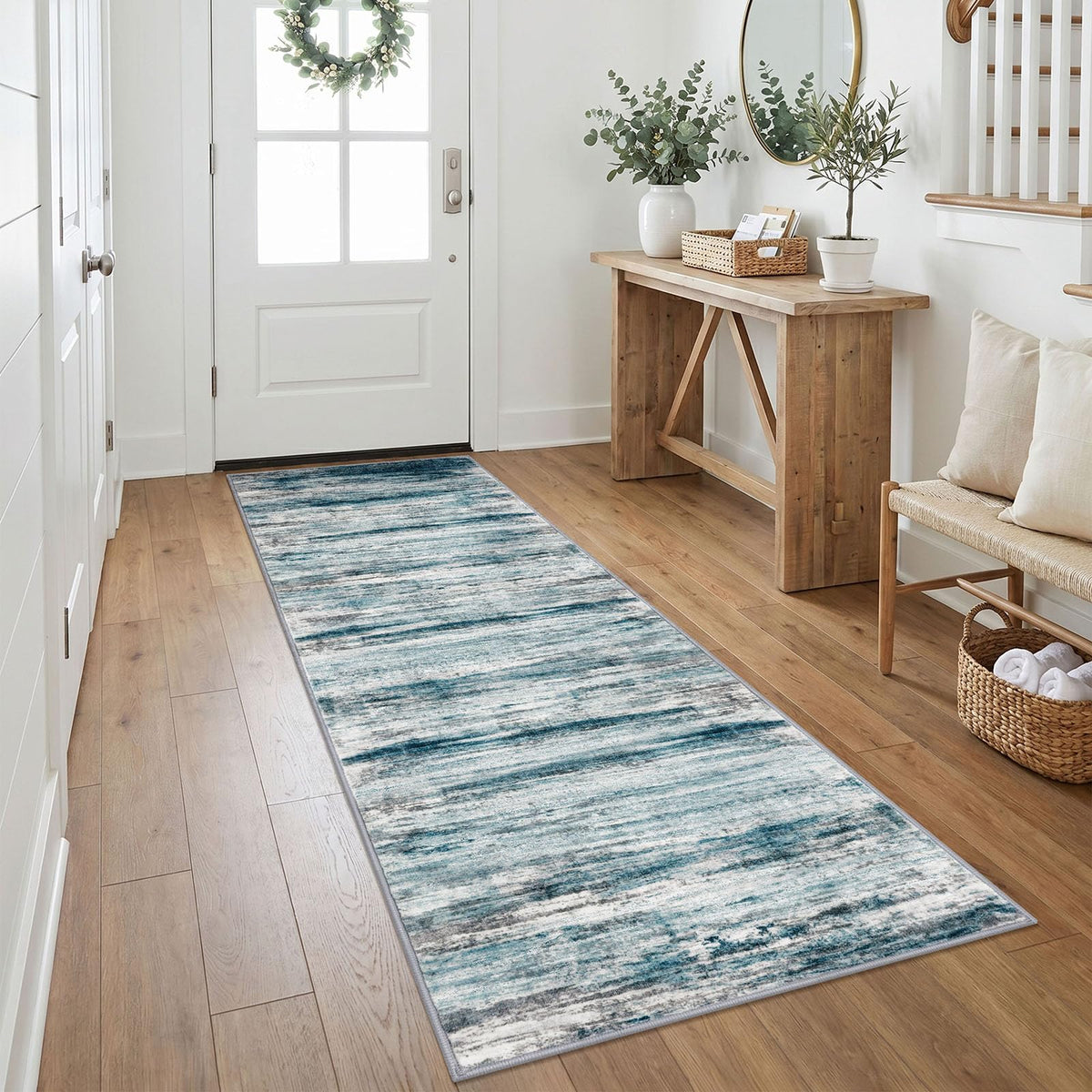 KOZYFLY Abstract Entryway Rug 2x3 Washable Door Mat Indoor Blue Beige