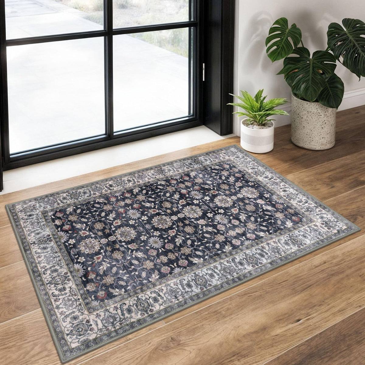 KUTA Vintage Floral Washable 2x3 Rugs for Entryway Blue Grey Beige
