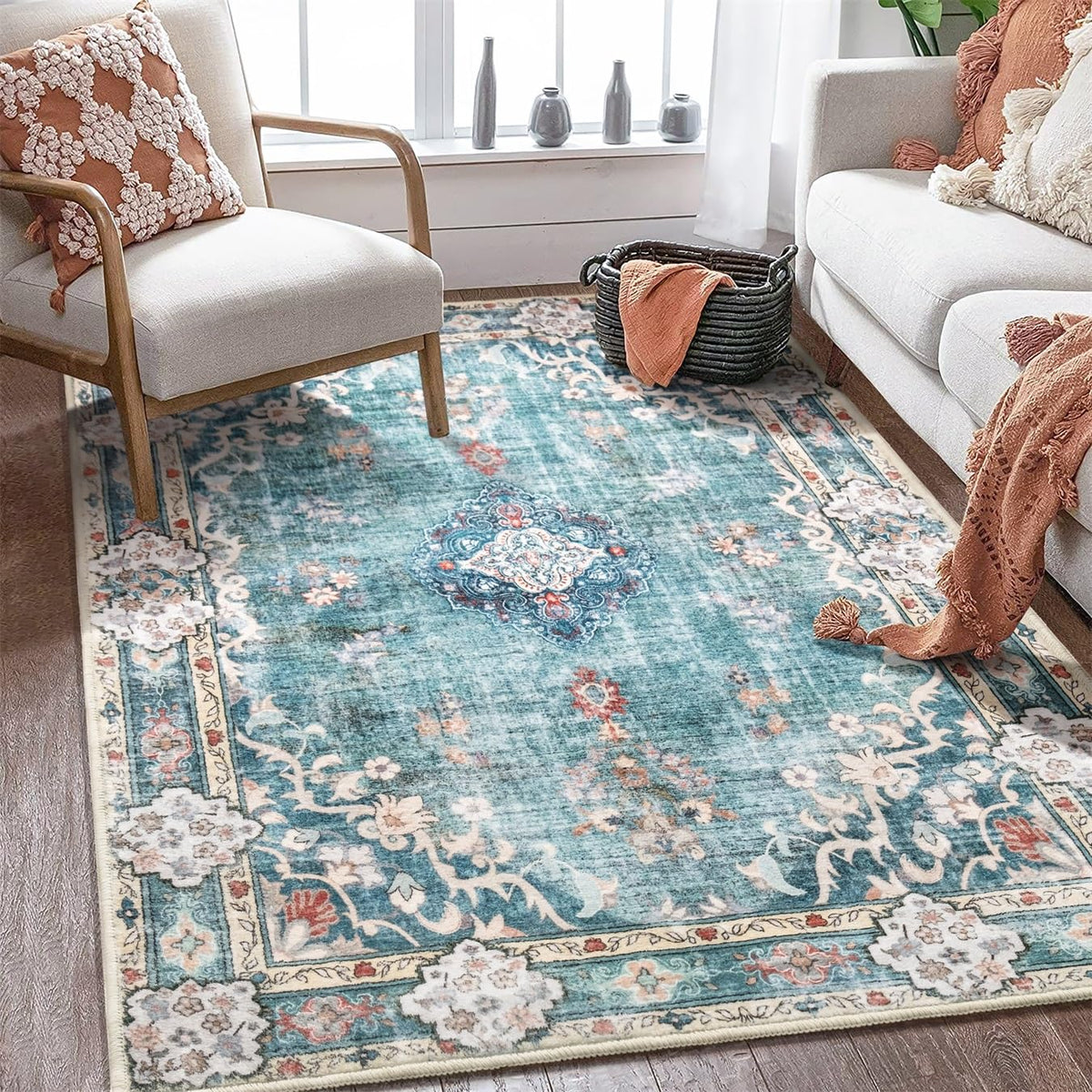 MUJOO Pink Rug 3x5 Washable,Boho Area Rugs Small Non Slip Low-Pile Floral