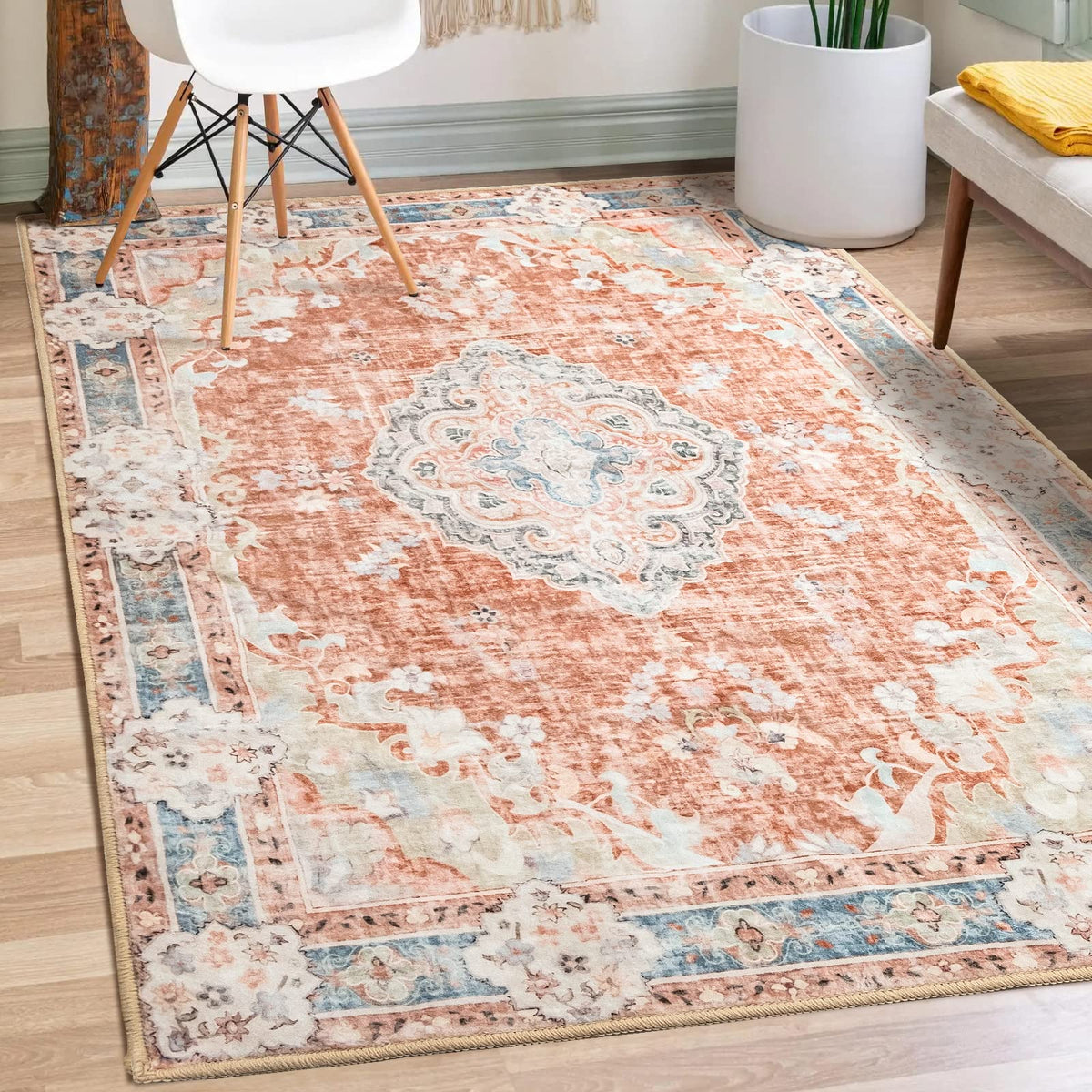 MUJOO Pink Rug 3x5 Washable,Boho Area Rugs Small Non Slip Low-Pile Floral