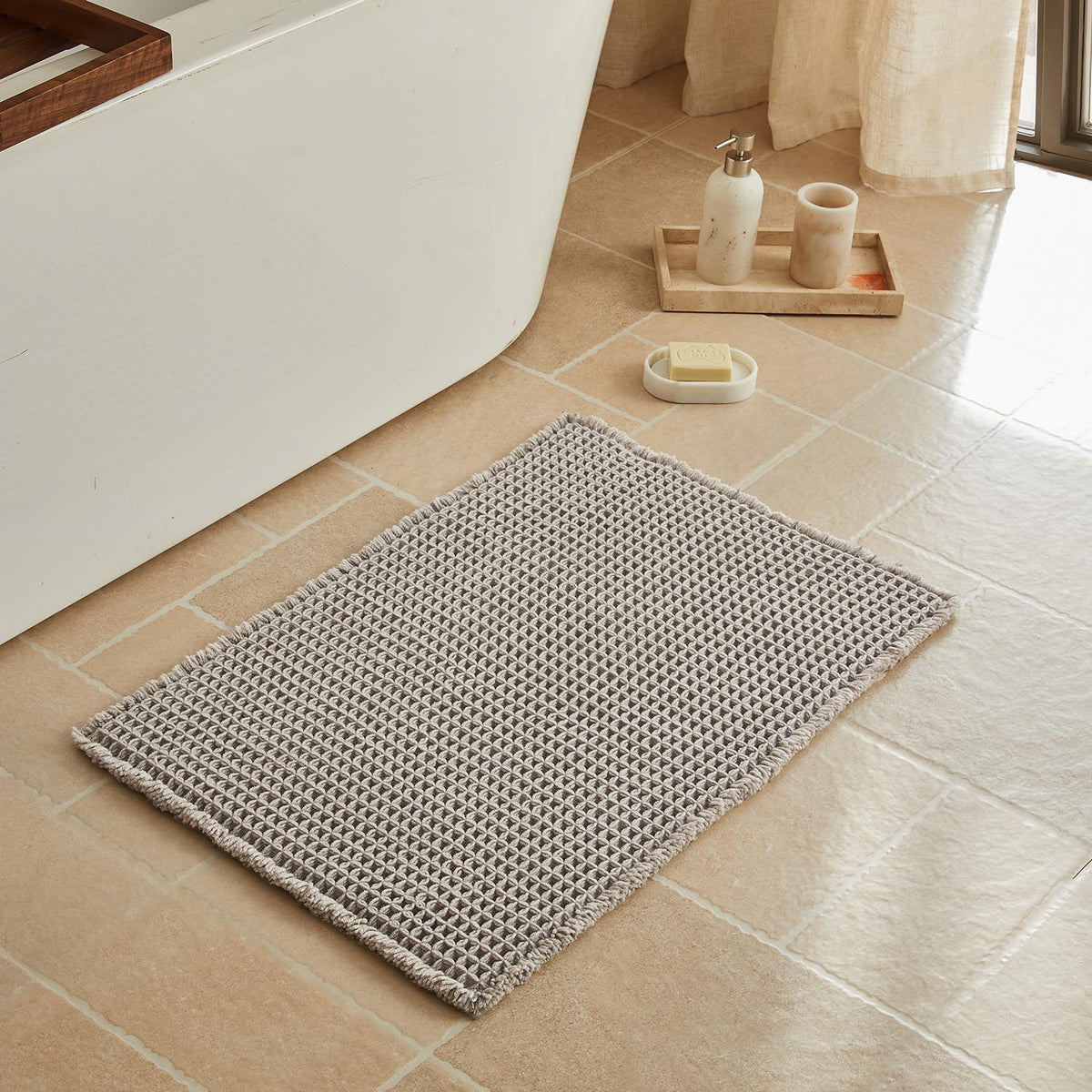 Triohero Waffle Bath Mat, Small Boho Bathroom Rugs Non Slip, 16x24 Khaki