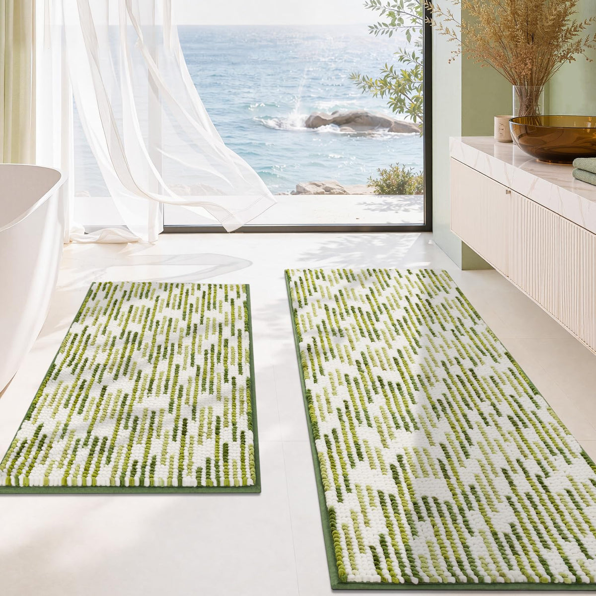 BSICPRO Bathroom Rugs Sets 2 Piece, Non Slip Striped Bath Mats, Sage