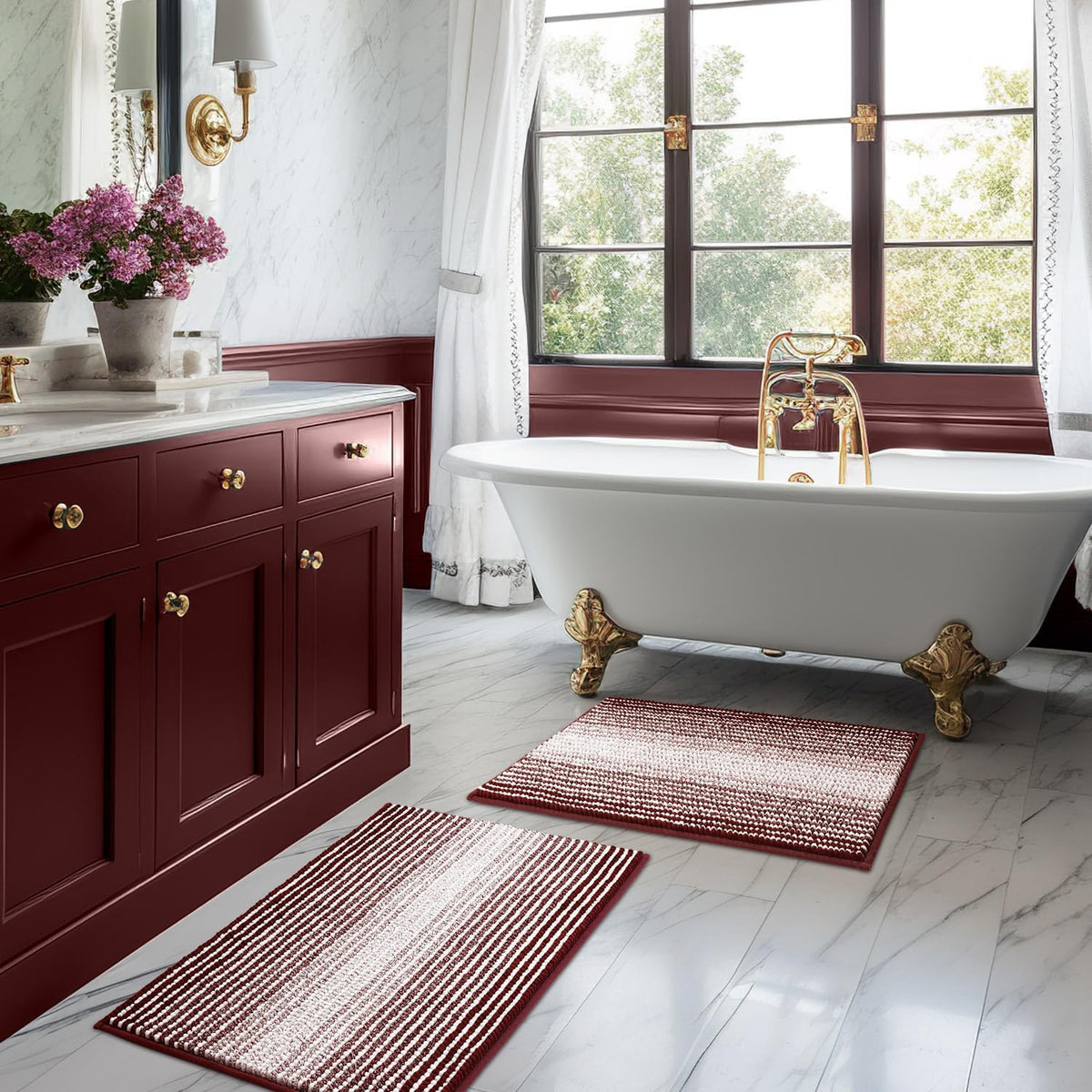 BSICPRO Bathroom Rugs Sets 2 Piece, Non Slip Striped Bath Mats, Sage