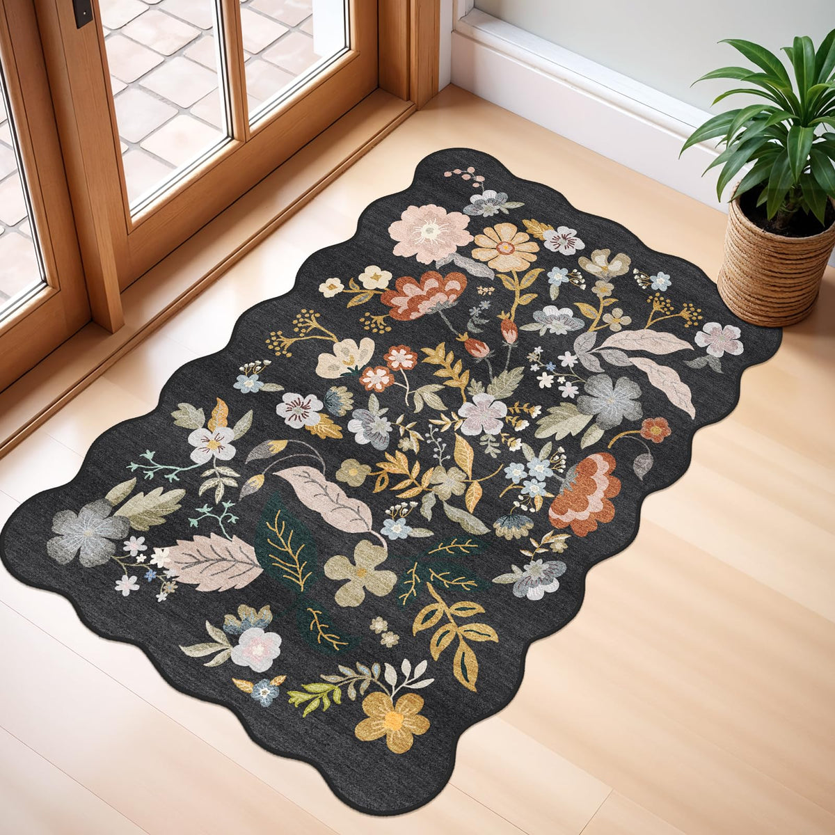 2x4 Rug Washable for Entryway - Non-Slip Scalloped Floral Throw Rug Black