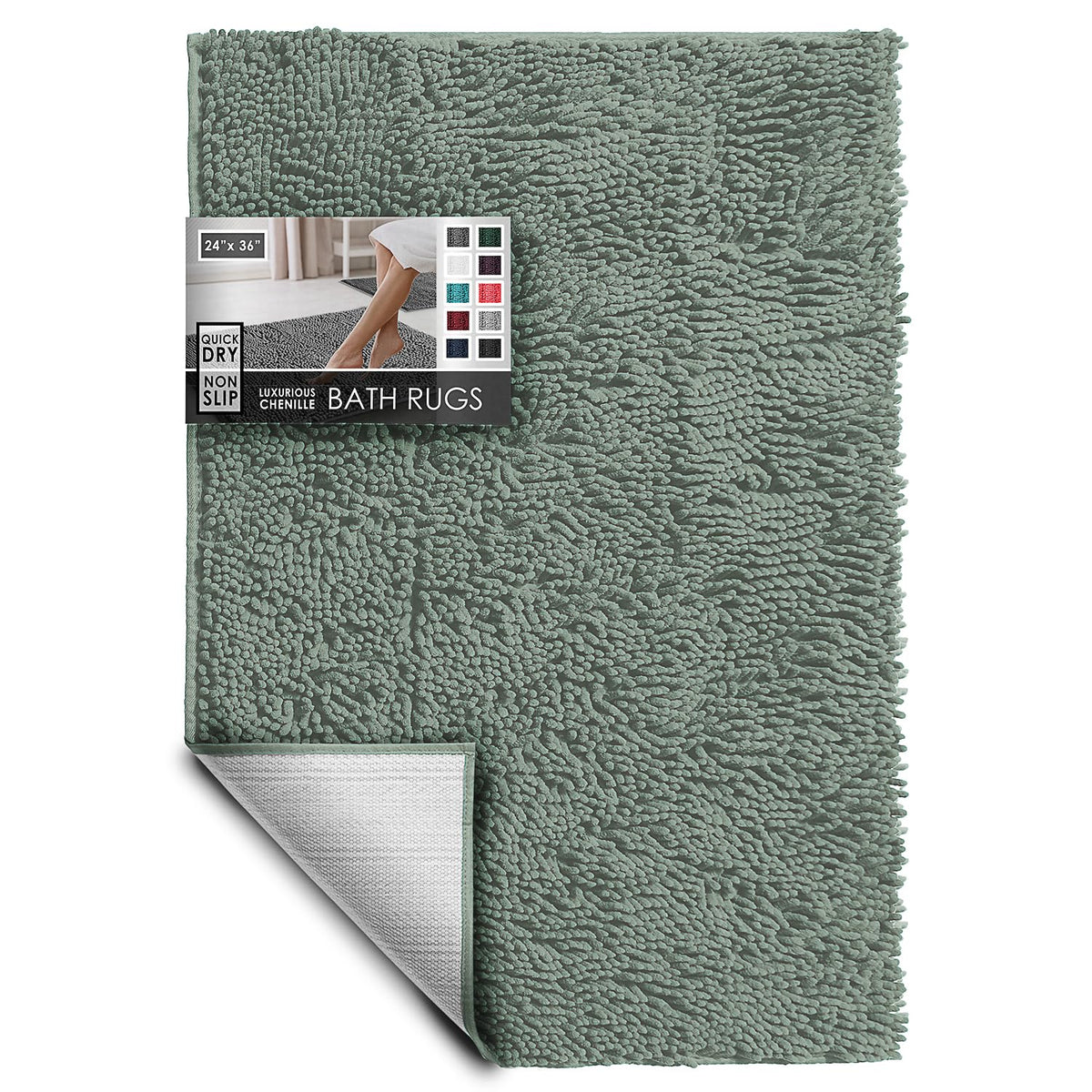 Hearth & Harbor Bathroom Rugs, Chenille Bath Mat - Machine Washable Bath Mats for Bathroom Non-Slip Backing Rubber, Quick Dry Bathroom Mat, 17 x 24 + 20 x 32 - Hunter Green