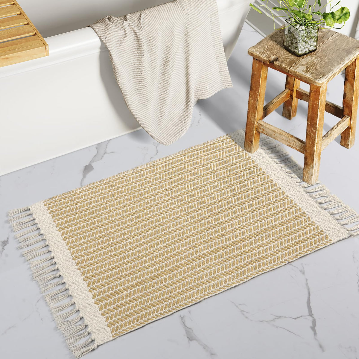 Lahome Belle Boho Bathroom Rugs, Small 2x3 Front Door Mat Lightweight Kitchen Rug Woven Cotton Area Rug with Tassels, Farmhouse Washable Black and White Throw Rug Low Pile Carpet for Entry Laundry