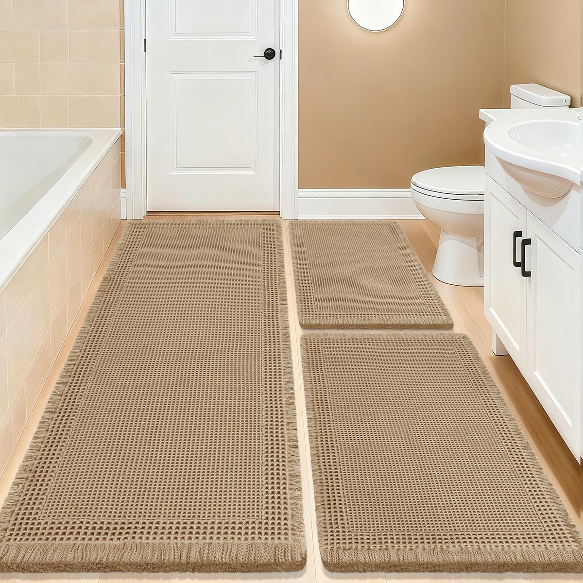Upgrade Waffle Bath Mat Set 2 Piece, Boho Bathroom Rugs Absorbent Non Slip, Ultra Soft Bathroom Mat, Machine Washable Knit Bath Rugs with Herringbones for Bathroom, Bedroom, Kitchen, Shower, White