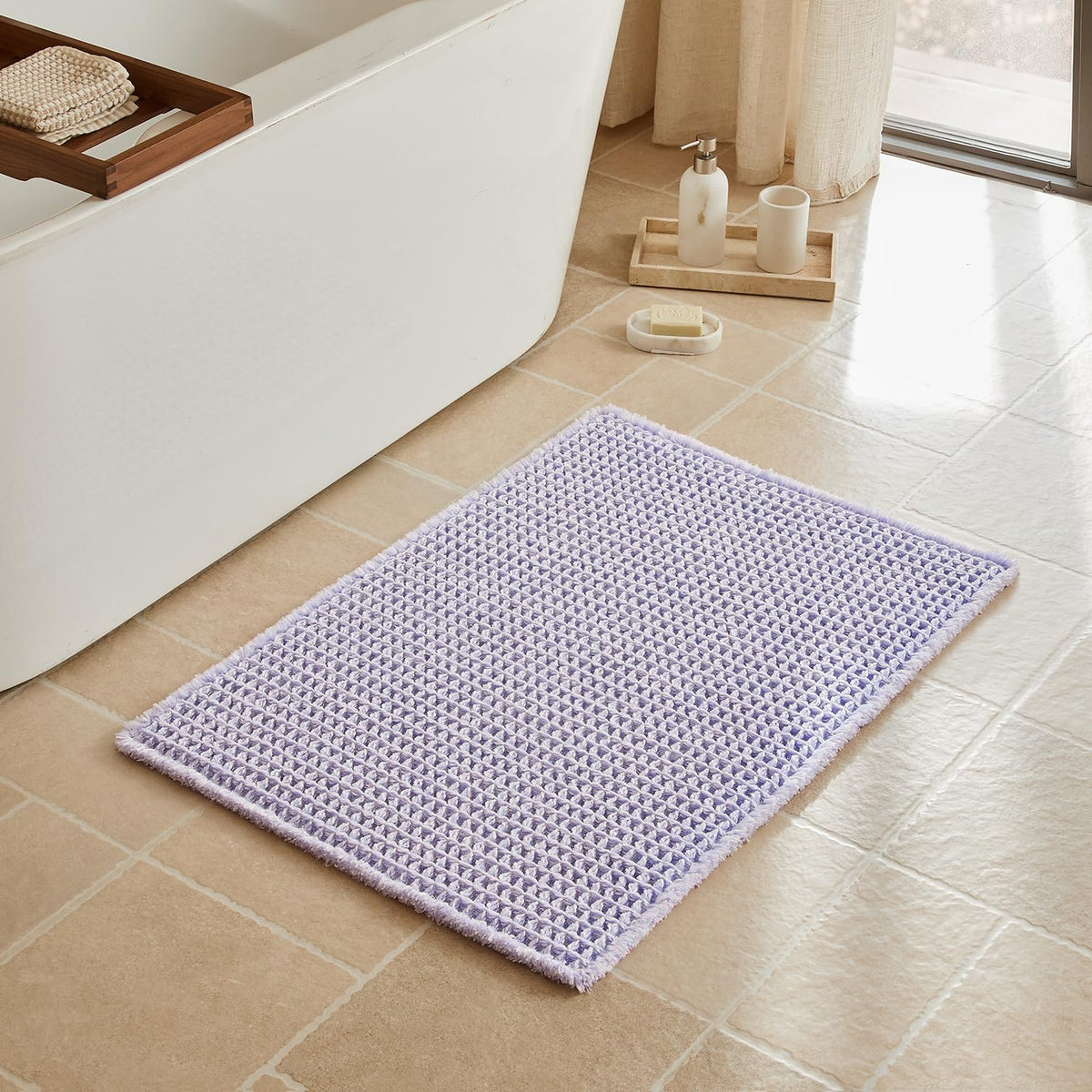 Triohero Waffle Bath Mat, Small Boho Bathroom Rugs Non Slip, 16x24 Khaki