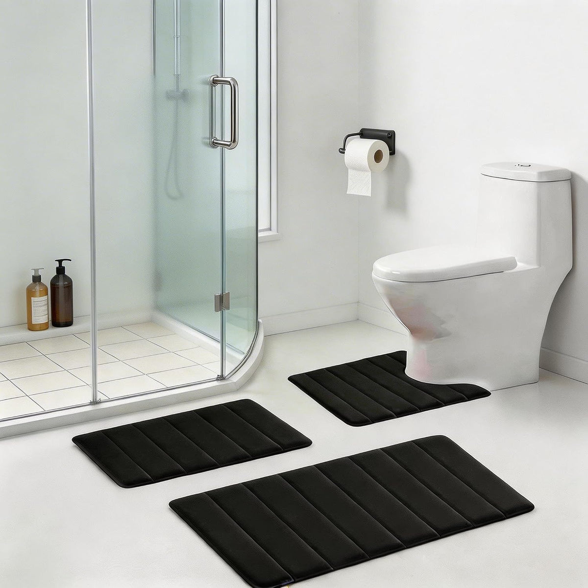 Bathroom Rugs Set Memory Foam Bath Rugs Non-Slip Bath Mat Set 3 Piece,Washable Bathroom Mats,Absorbent Shaggy Rugs Super Soft U-Shaped Toilet Rug,Bahroom Carpets for Bathroom,Tub,Shower（Black）