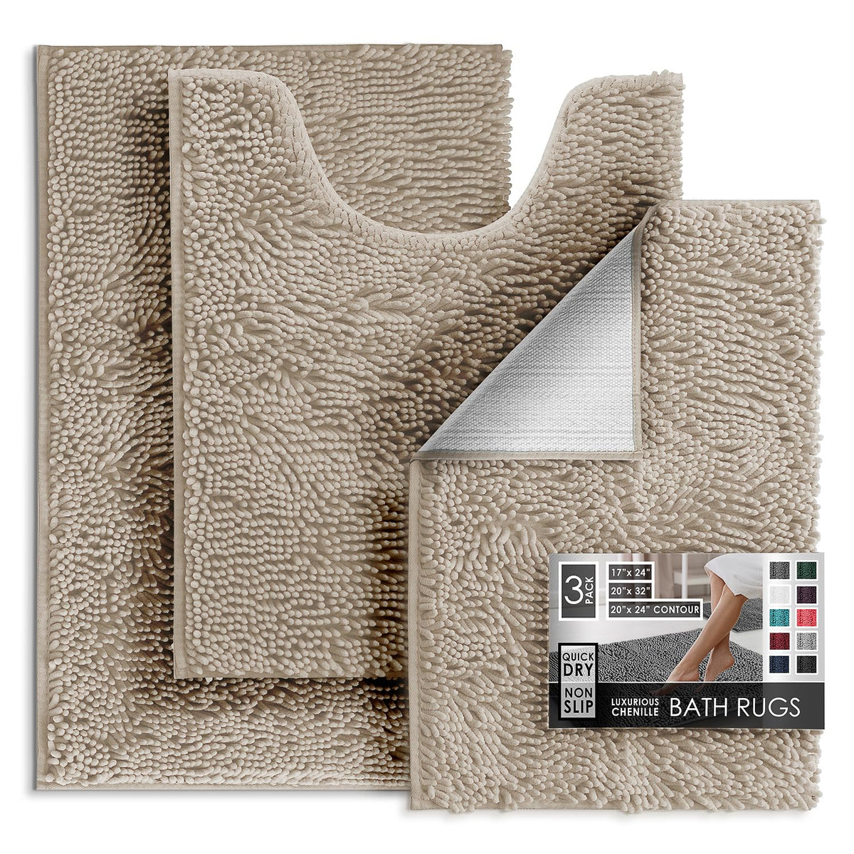 Hearth & Harbor Bathroom Rugs, Chenille Bath Mat - Machine Washable Bath Mats for Bathroom Non-Slip Backing Rubber, Quick Dry Bathroom Mat, 17 x 24 + 20 x 32 - Hunter Green