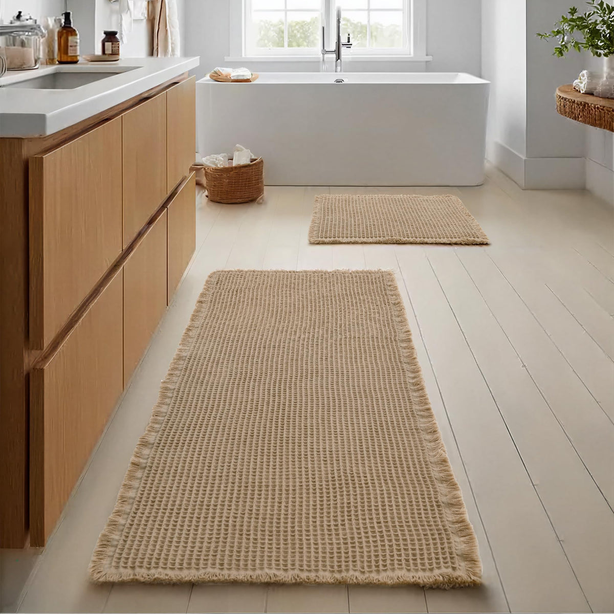 JIUZHEN Set of 2 Waffle Bath Mats Boho Bath Rugs 16"x24"+20"x32", Brown