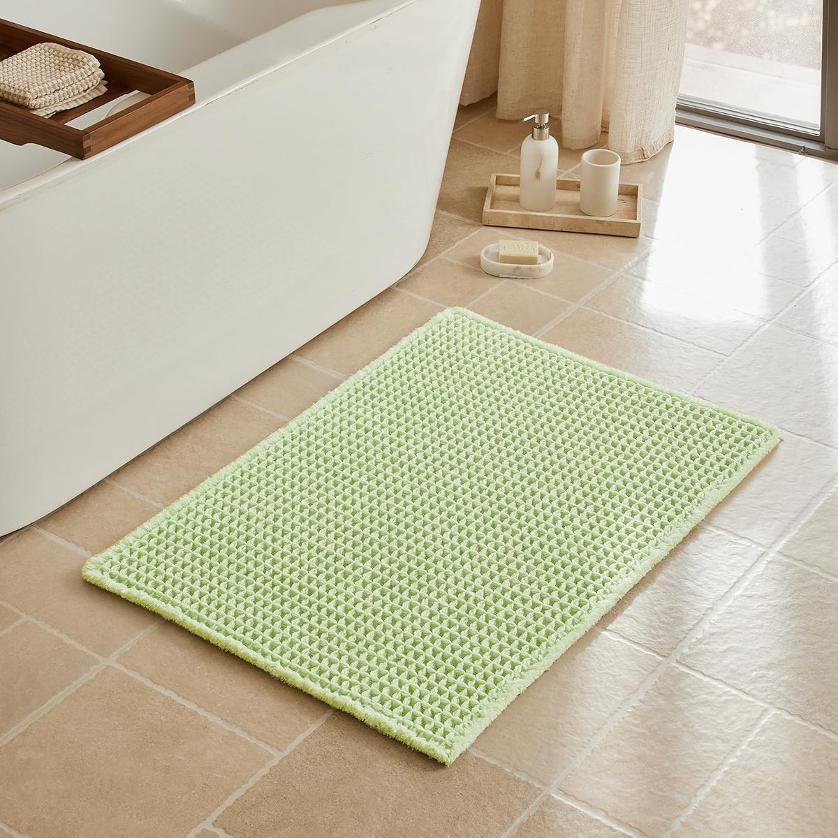 Triohero Waffle Bath Mat, Small Boho Bathroom Rugs Non Slip, 16x24 Khaki