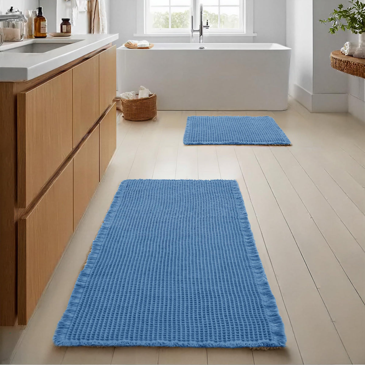 JIUZHEN Set of 2 Waffle Bath Mats Boho Bath Rugs 16"x24"+20"x32", Brown