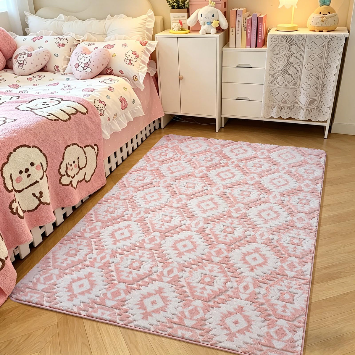 Grey Fluffy Area Rug for Bedroom, 3x5 Geometric Shag Rugs