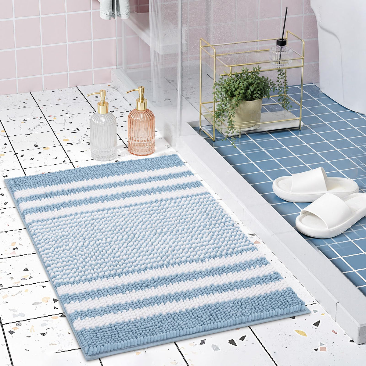 BSICPRO Bathroom Rugs Sets 2 Piece, Non Slip Striped Bath Mats, Sage