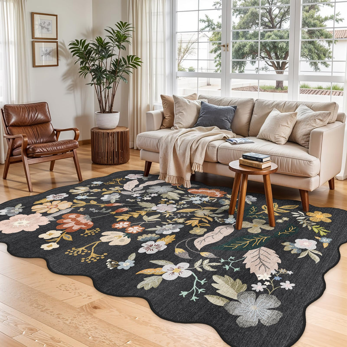 2x4 Rug Washable for Entryway - Non-Slip Scalloped Floral Throw Rug Black