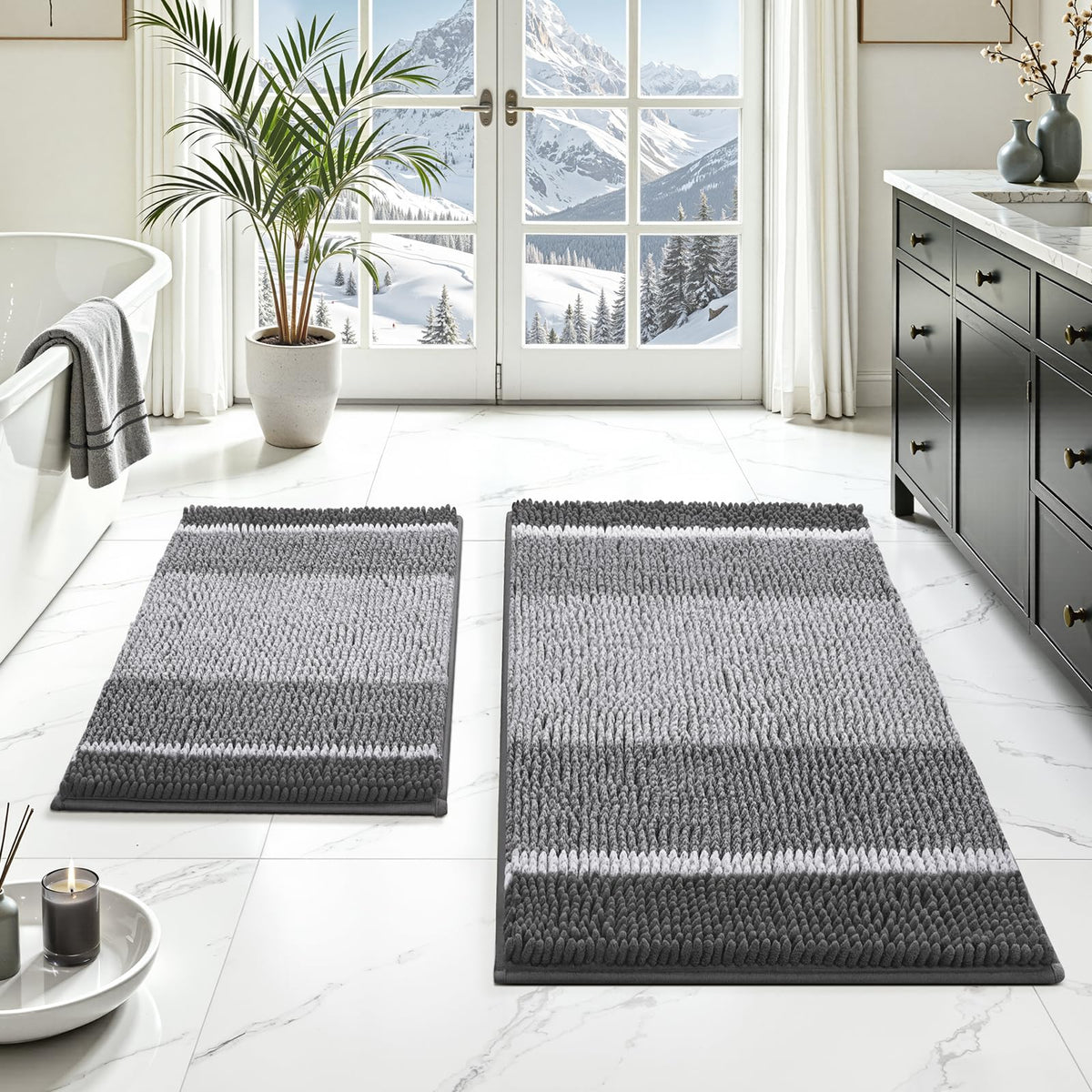 HOMEIDEAS Sage Green Bathroom Rugs Sets 2 Piece Chenille, 20"x32"+17"x24"