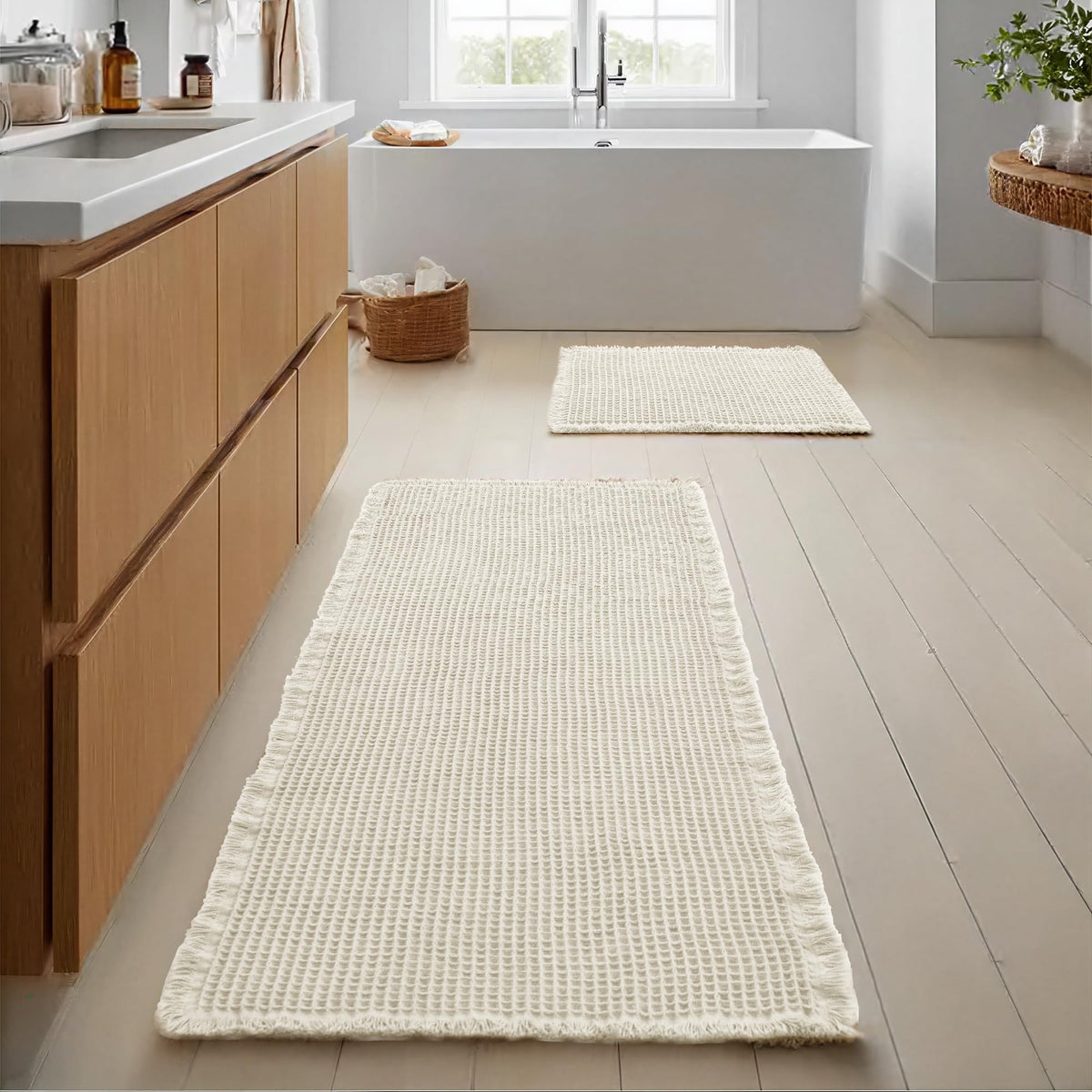 JIUZHEN Set of 2 Waffle Bath Mats Boho Bath Rugs 16"x24"+20"x32", Brown