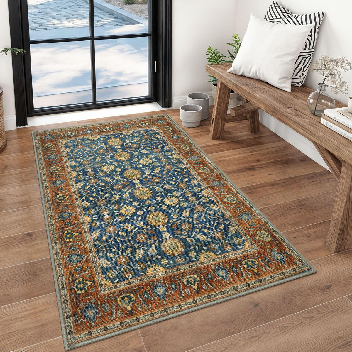 KUTA Vintage Floral Washable 2x3 Rugs for Entryway Blue Grey Beige
