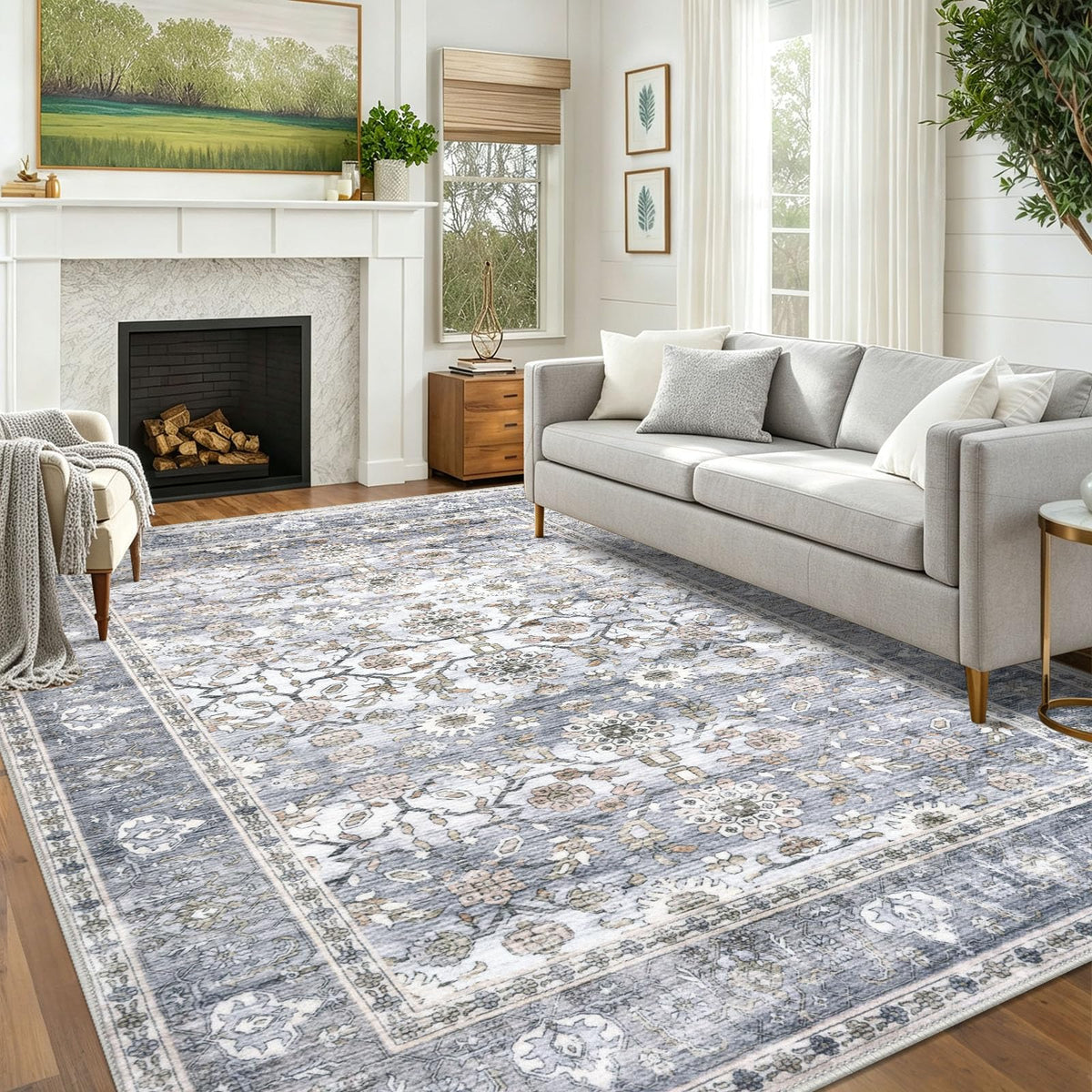 KUTA Vintage Floral Washable 2x3 Rugs for Entryway Blue Grey Beige