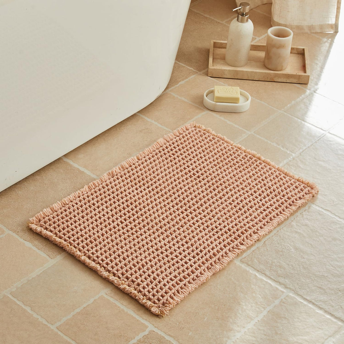 Triohero Waffle Bath Mat, Small Boho Bathroom Rugs Non Slip, 16x24 Khaki