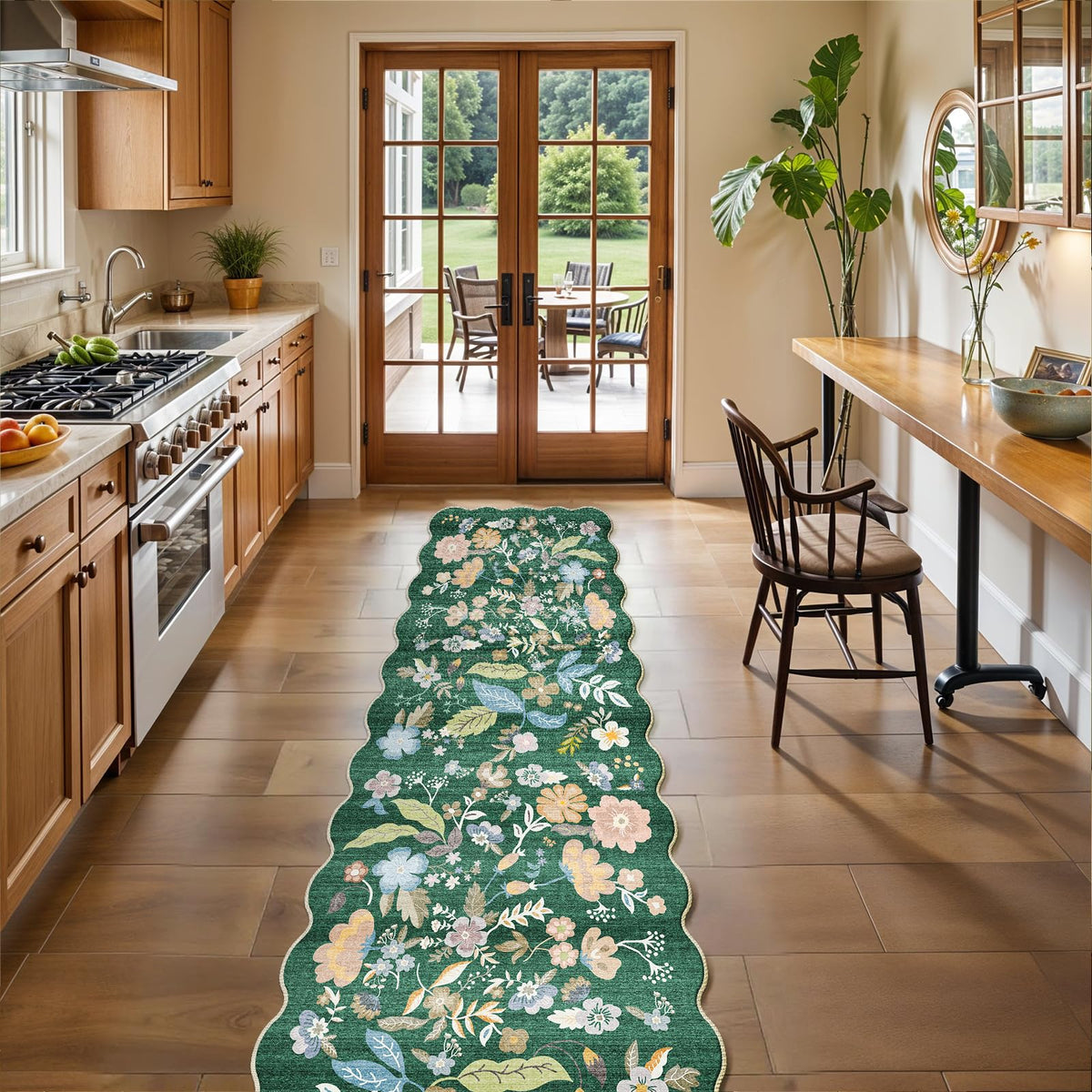 2x4 Rug Washable for Entryway - Non-Slip Scalloped Floral Throw Rug Black