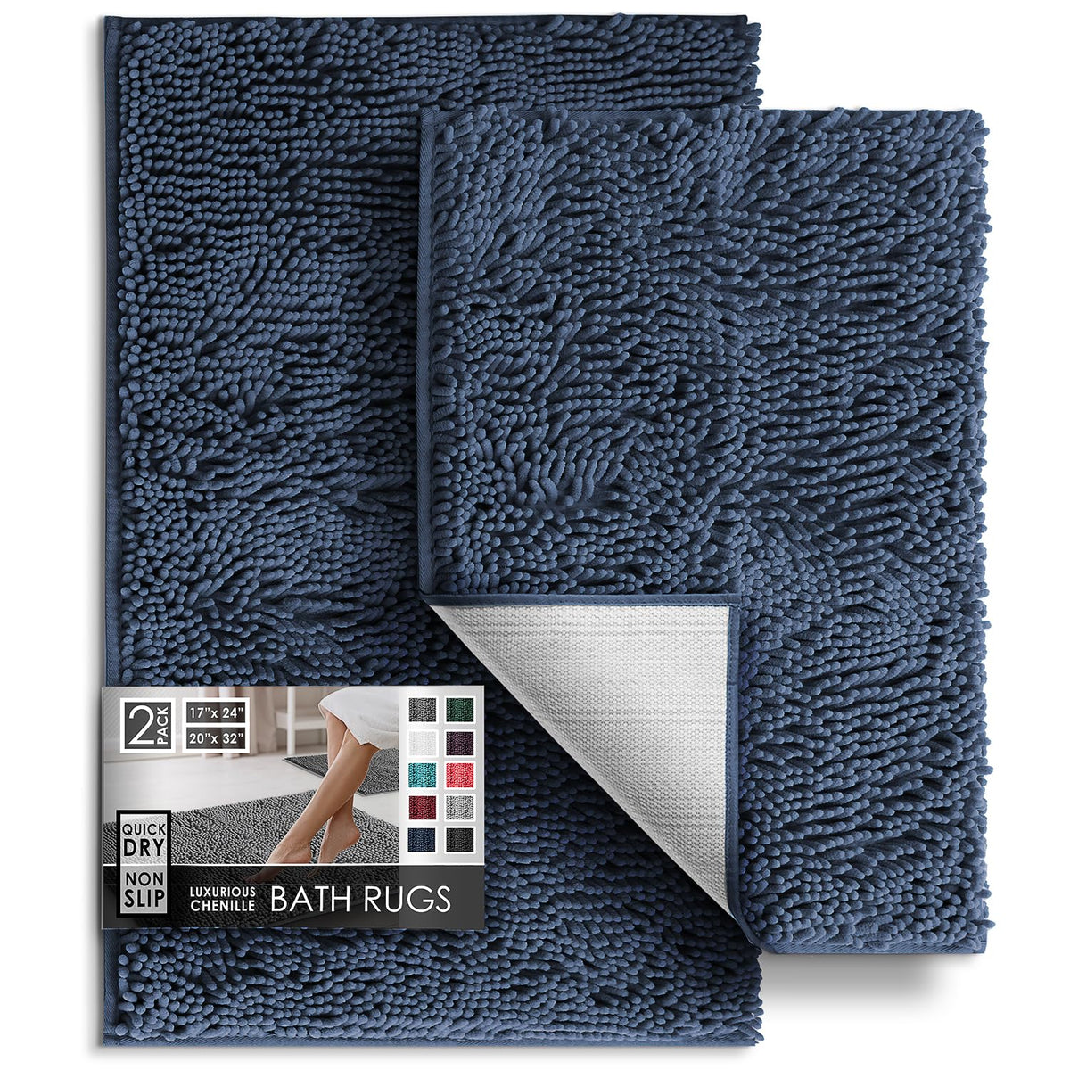 Hearth & Harbor Bathroom Rugs, Chenille Bath Mat - Machine Washable Bath Mats for Bathroom Non-Slip Backing Rubber, Quick Dry Bathroom Mat, 17 x 24 + 20 x 32 - Hunter Green