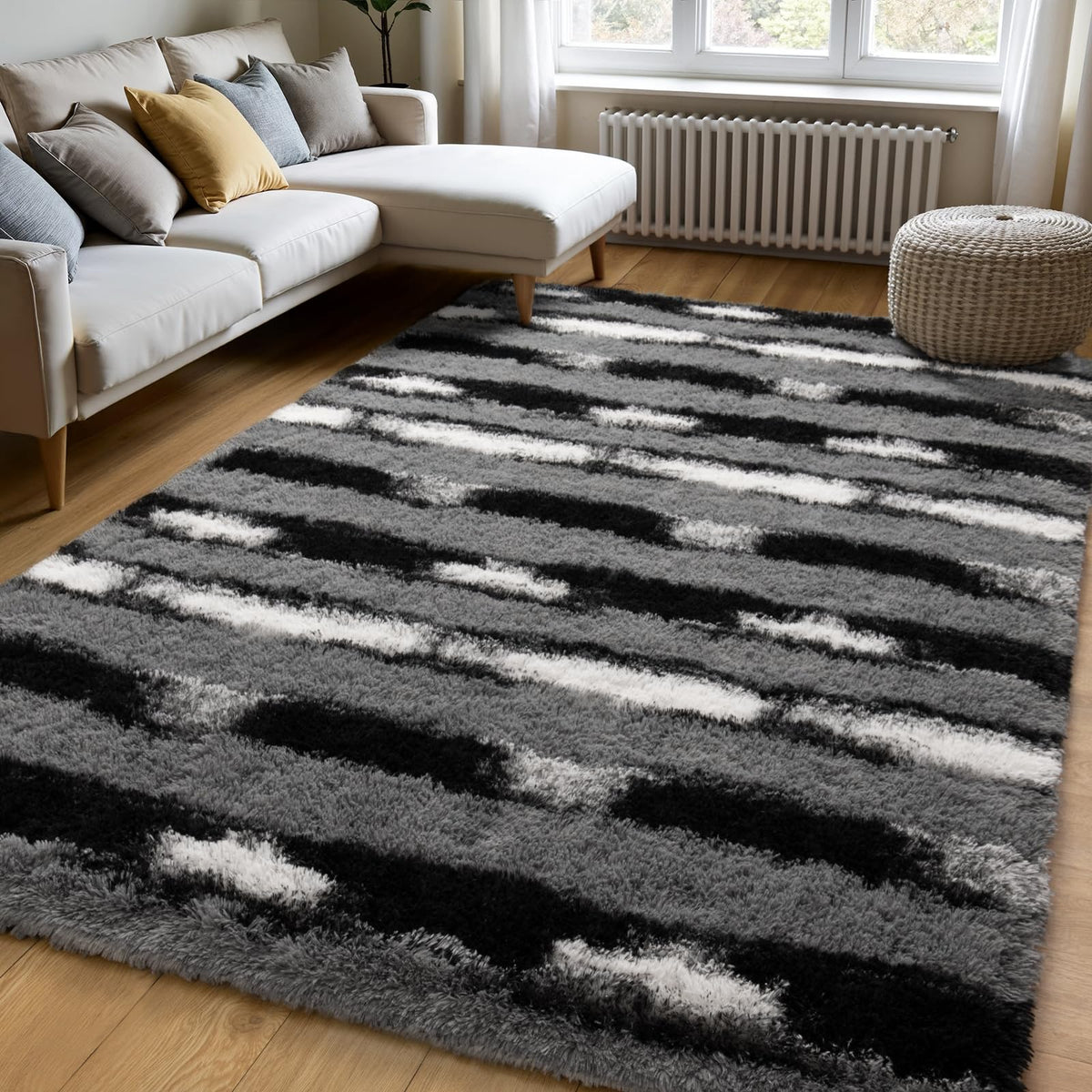 Zentavio 2x6 Runner Rugs for Hallway Shag Soft Bedroom Bedside Rugs Non Slip Fluffy Carpet for Kids Girls Boys Home Decor Aesthetic Dorm Nursery Tie-Dyed Black Grey