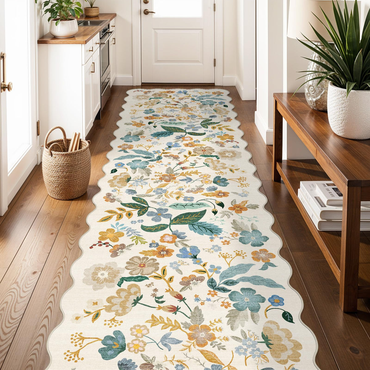 2x4 Rug Washable for Entryway - Non-Slip Scalloped Floral Throw Rug Black