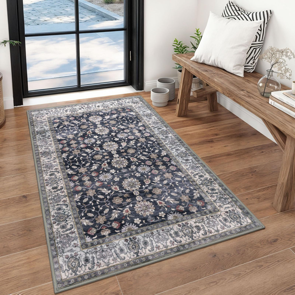 KUTA Vintage Floral Washable 2x3 Rugs for Entryway Blue Grey Beige