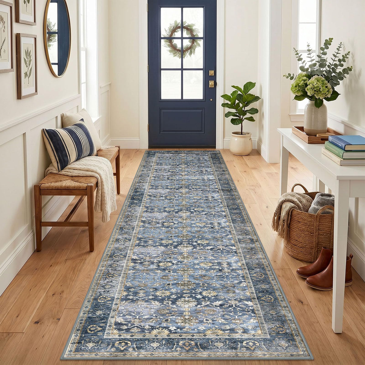 KUTA Vintage Floral Washable 2x3 Rugs for Entryway Blue Grey Beige