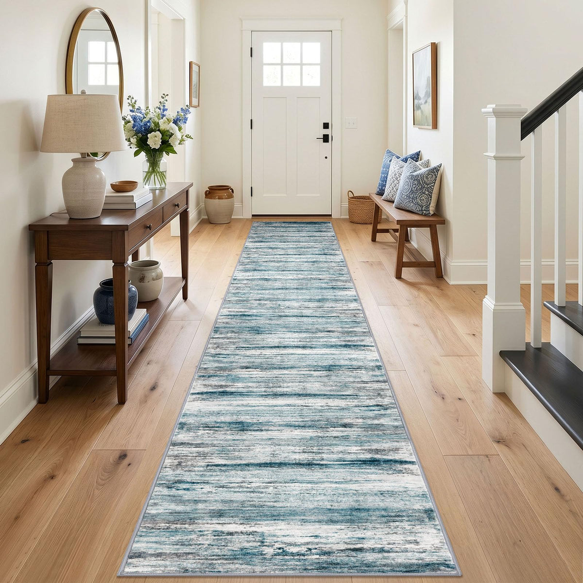 KOZYFLY Abstract Entryway Rug 2x3 Washable Door Mat Indoor Blue Beige
