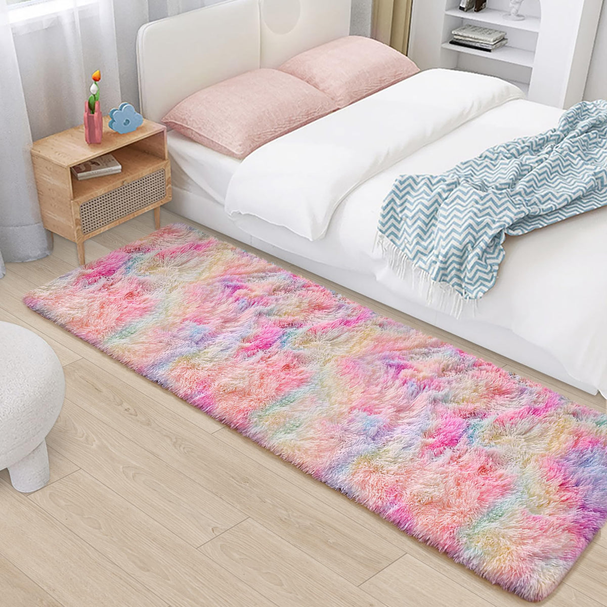 Soft Fluffy Beige Runner Rug for Bedroom, Bedside Long Rug Runner