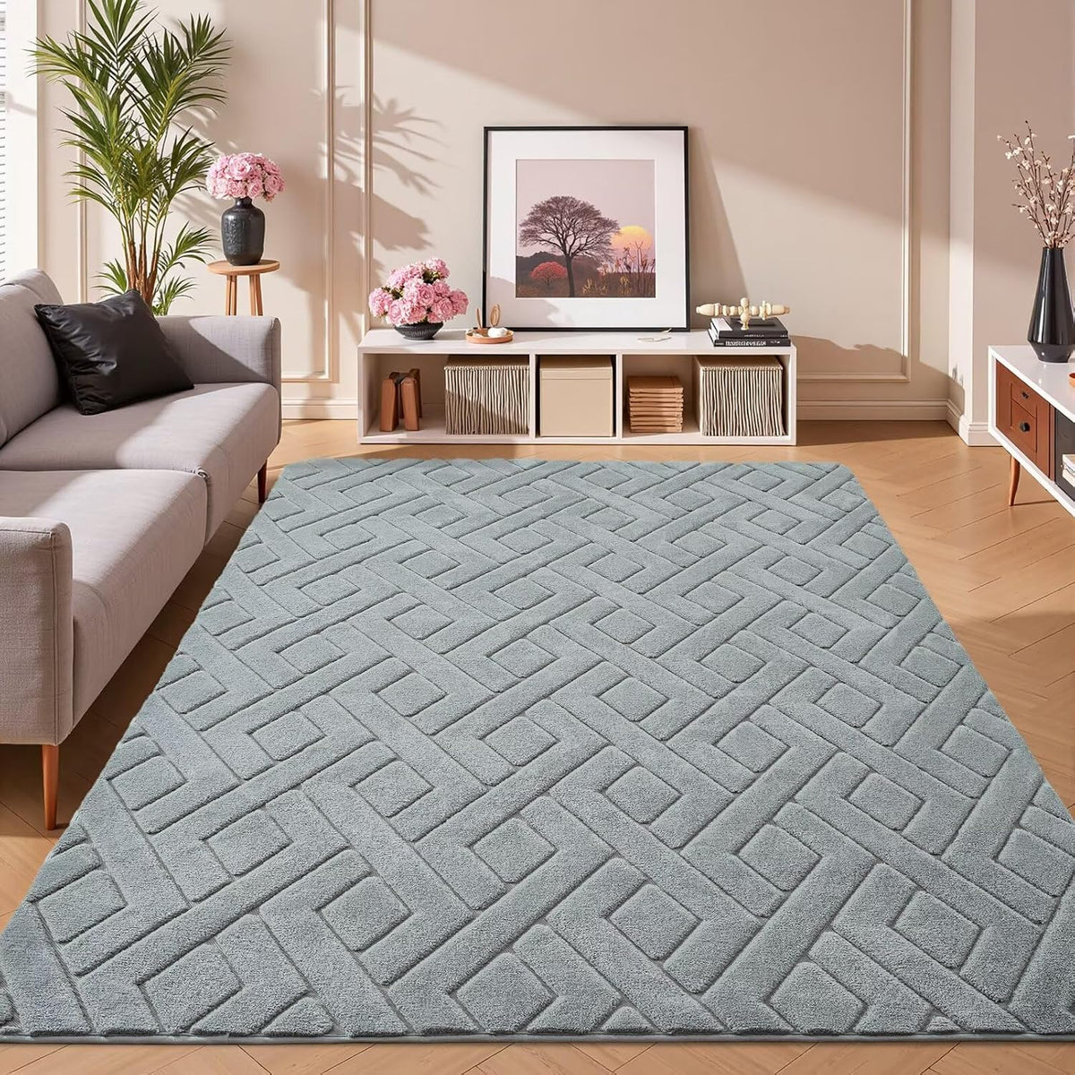 Grey Fluffy Area Rug for Bedroom, 3x5 Geometric Shag Rugs