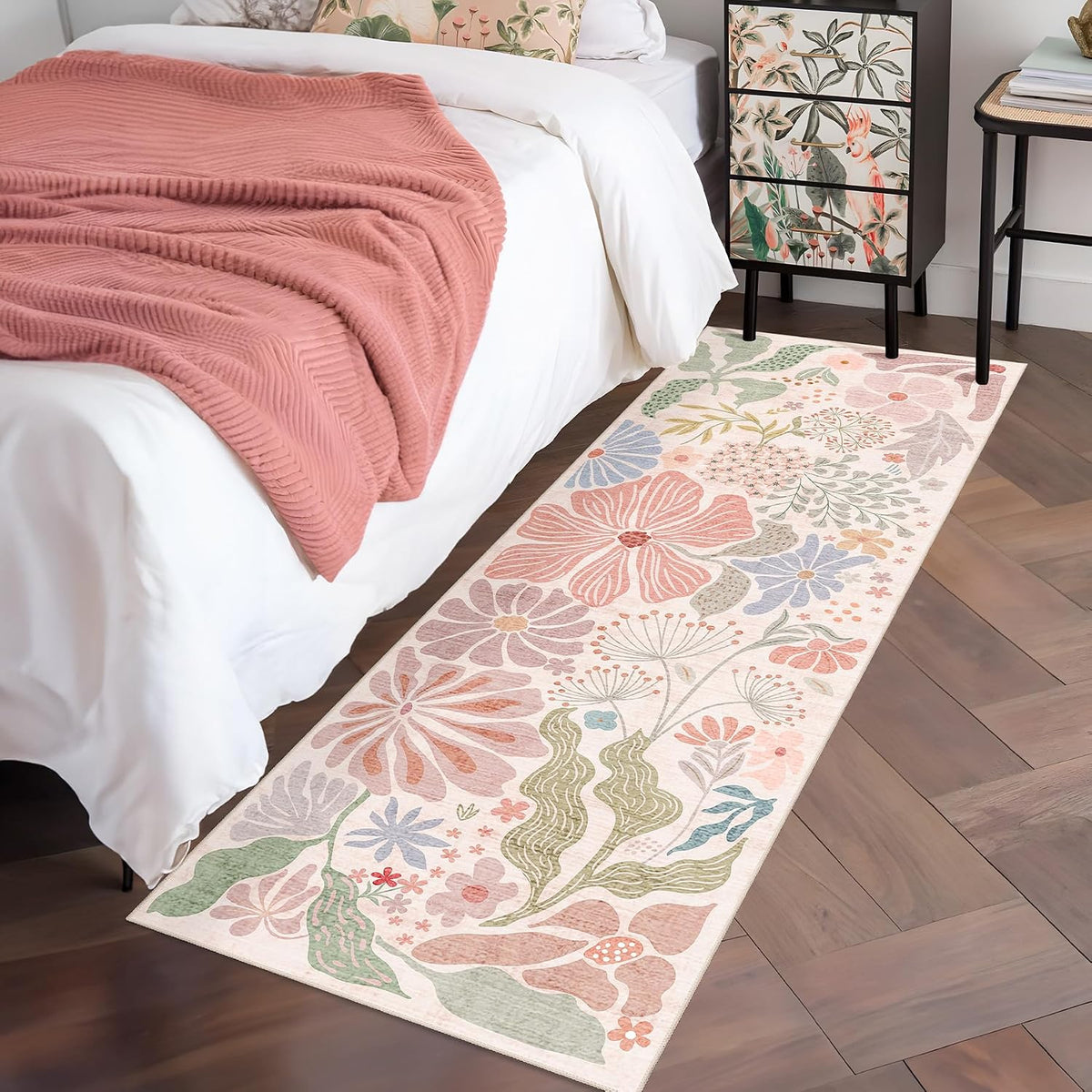 MUJOO Pink Washable 2x6 Runner Rugs Floral Area Rugs Non Slip Low-Pile