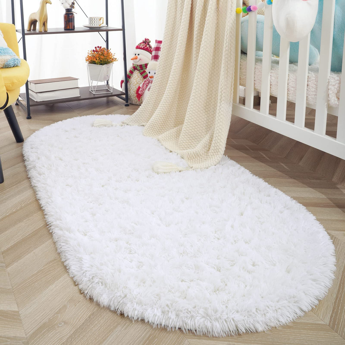 ISEAU Oval Fluffy Rug Carpets for Kids Bedroom,2.6x5.4ft,Black