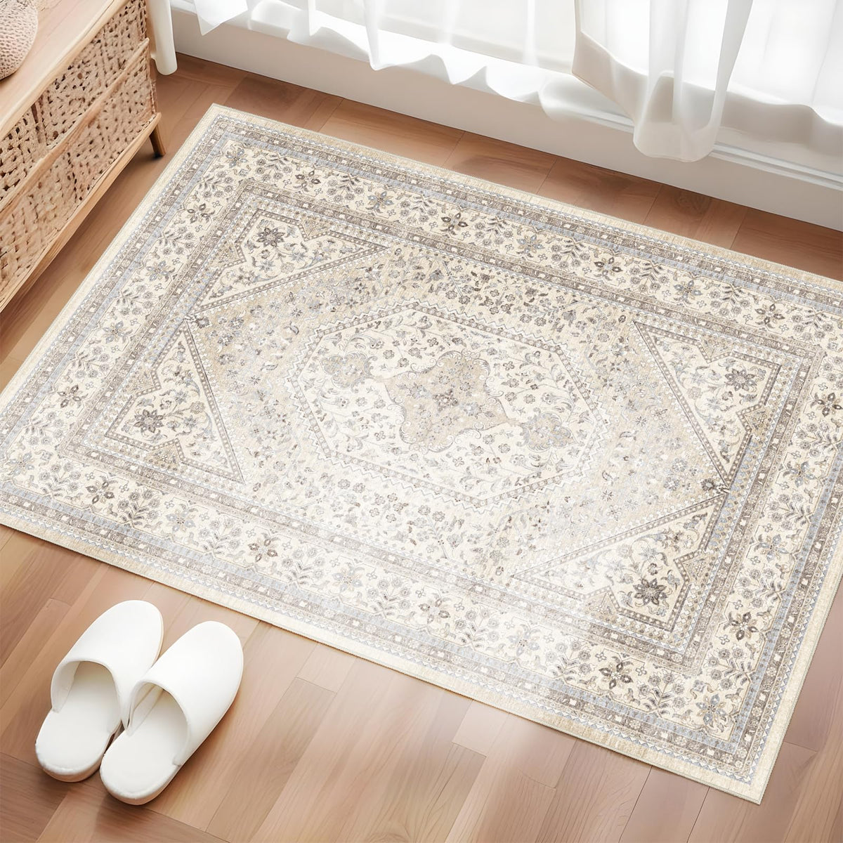 2x3 Washable Entryway Area Rug - Non-Slip Boho Throw Rugs Beige Gray