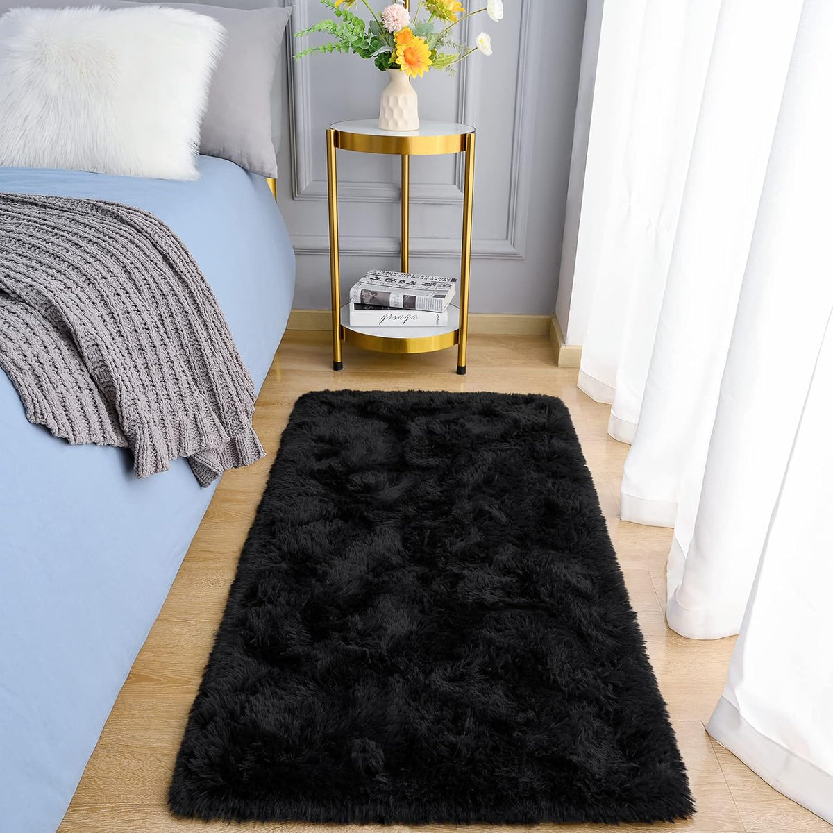 Amearea Shag Fluffy Small Rug, 2x4 Throw Rugs for Bedroom Girls, Black
